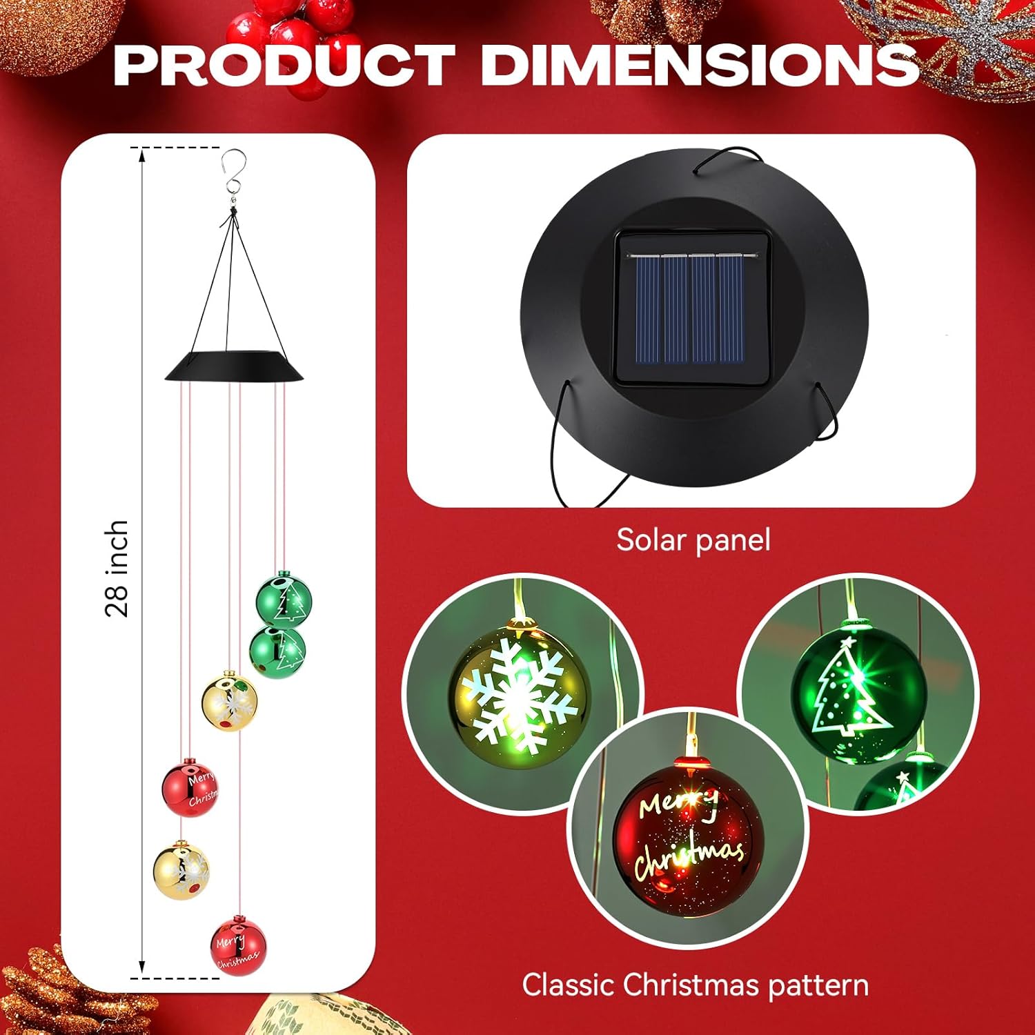 Christmas Solar Wind Chimes 28 Inch Color Changing LED Solar Wind Chimes Unique Outdoor Garden Yard Hanging Decoration for Xmas New Year Ornament Mom Gift (Christmas Ball) - Image 2