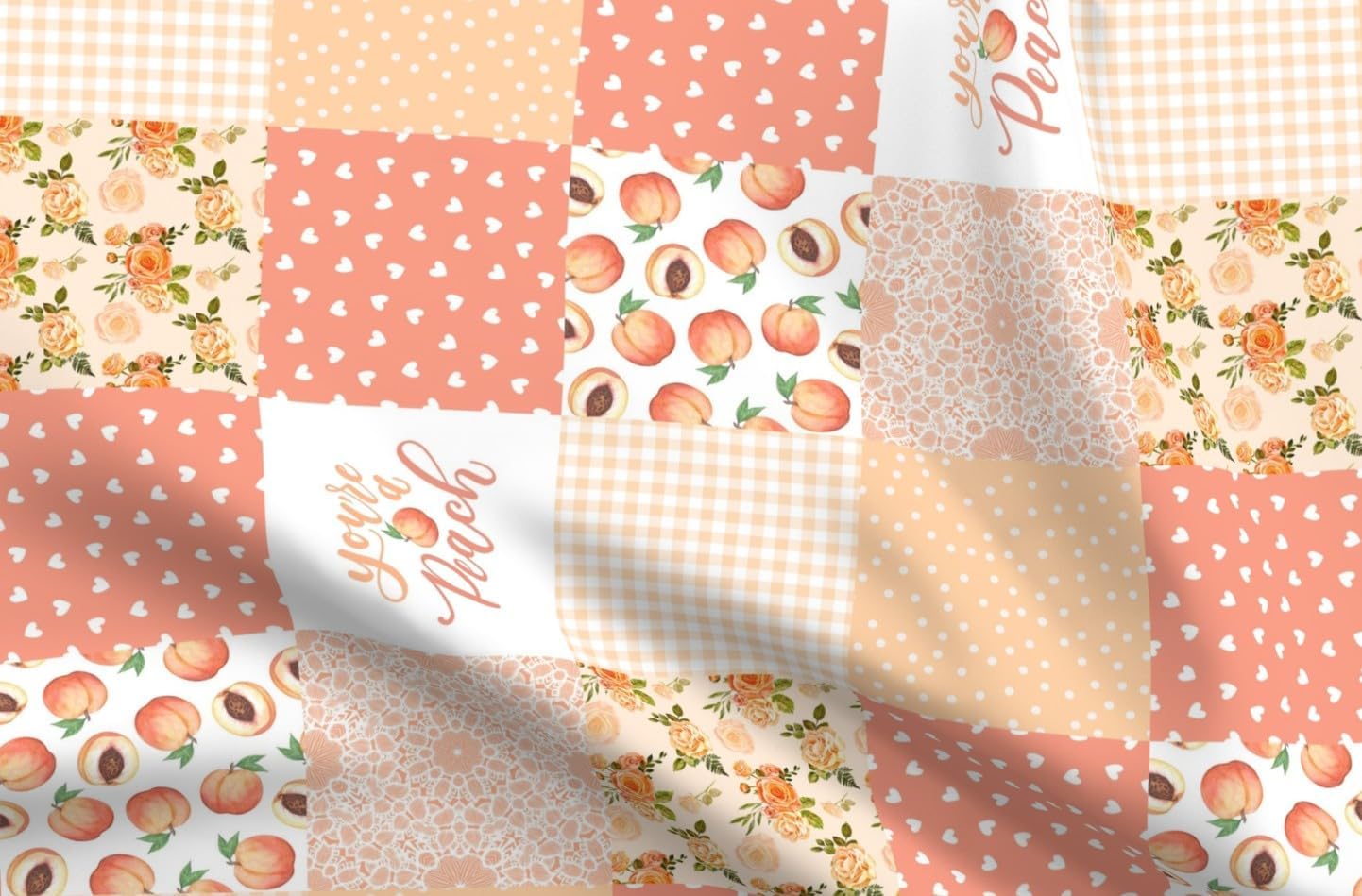Spoonflower Fabric - Pink Peach Quilt Floral Orange Fruit Hearts Girl Nursery Cheater Printed on Petal Cotton Fabric by The Yard - Sewing Quilting Apparel Crafts Decor