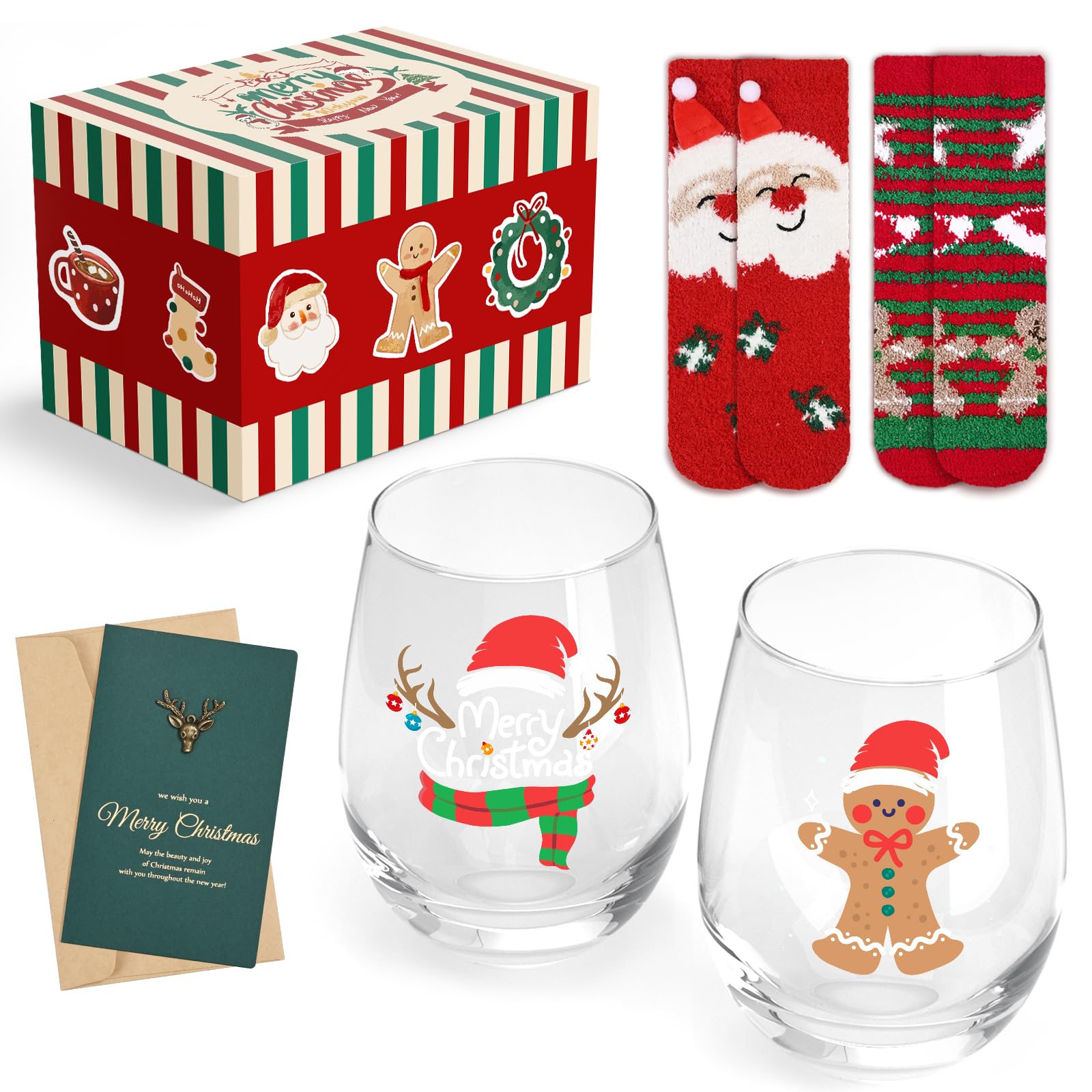 Joymaking Christmas Wine Glass Set of 2 With Socks - Funny Drinking Glasses for Mulled Wine, 17oz