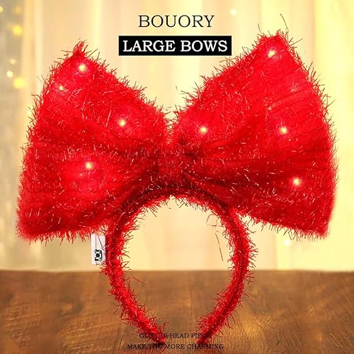 Miniatura 2 de Bouory Diademas con lazo iluminado, con lazo LED, lazos grandes rojos, aro para el pelo para Navidad, fiesta de cosplay (rojo)