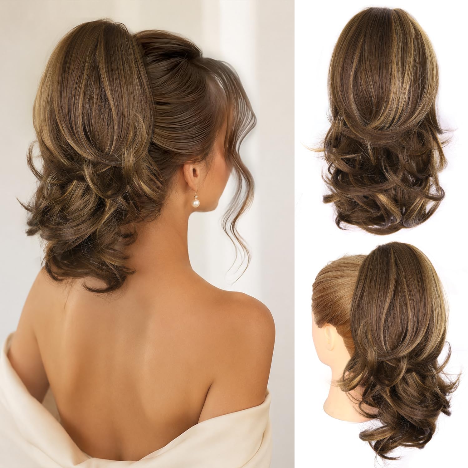 Photo 1 of 14 Inch Ponytail Extension - Clip in Ponytail Hair Extensions, Curly Wavy Pony Tails Hair Extensions, Synthetic Claw Clip Ponytail Extension for Women (Color: Chestnut Brown With Golden Highlights)