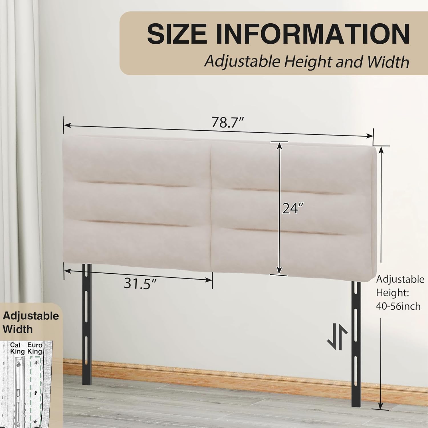 King Size Velvet Headboard Foldable Panels Backboard, Upholstered California King Head Board for Bedroom Adjustable Height from 42" to 56"-Ivory