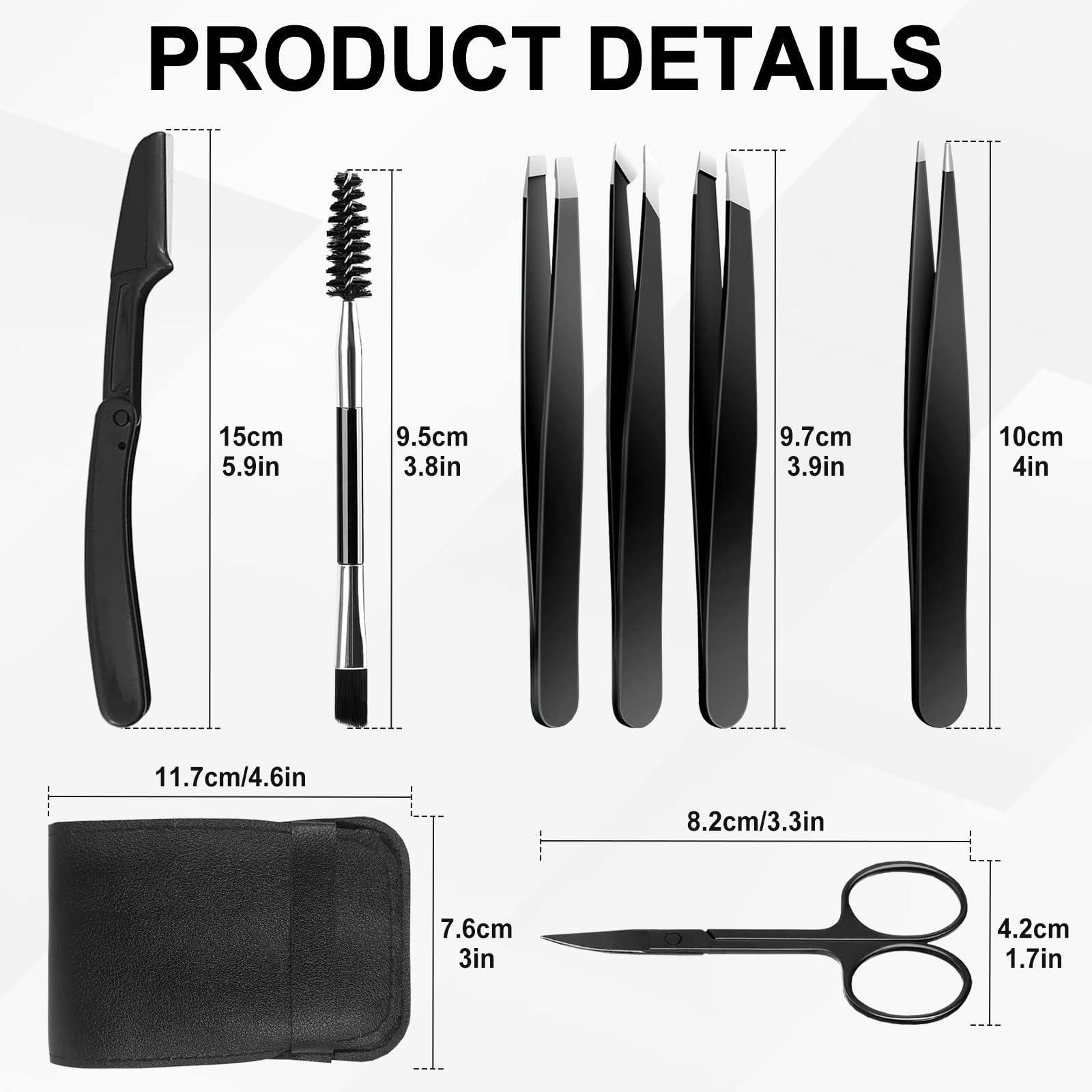 Sularpek 7 Piezas Pinzas Depilar Profesionales, Pinzas Profesionales para Cejas para Pelos Faciales, Espinillas y Astillas, Incluye Estuche de Cuero,Negro