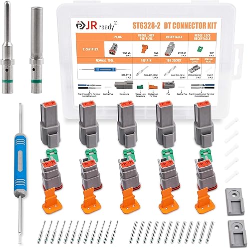 JRready Deutsch Connector Kits de conectores de 2 pines con 16 contactos sólidos (14-20AWG), ST6328-2 Serie DT Conector impermeable 2 pines 5 juegos