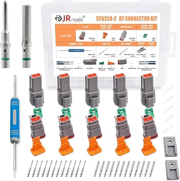 JRready Deutsch Connector 2 Pin Connector Kits with Size 16 Solid Contacts14-20AWG, ST6328-2 DT Series Waterproof Connector 2 Pin 5 Sets and Deutsch Pin Removal Tool DRK-RT1B with Mounting Clips
