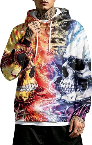 GQN Mens Hoodie Mens Skeleton Skull Halloween Hoodie Flaming Motorcycle Graphic 