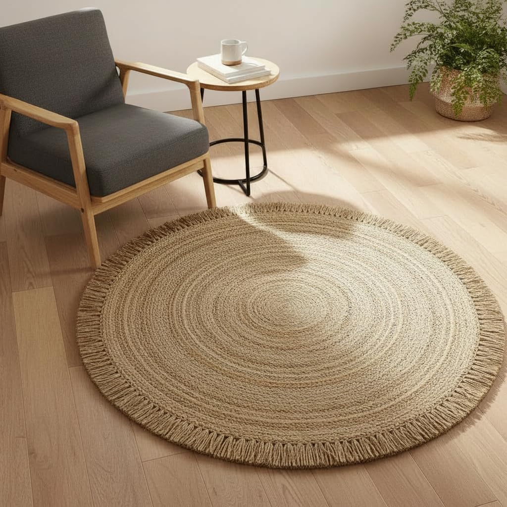 FURNISHFUL FINESSE Handwoven 100% Pure Jute Round Rug with Tassels, Large Natural Fiber Circle Floor Covering, Rustic Farmhouse & Vintage Bohemian Décor, Braided Reversible Rug (120 cm Diameter)