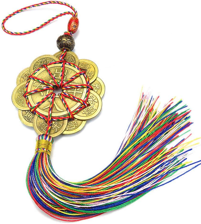 Chinese Feng Shui Ten Emperor Money Coins with Chinese Knot Office Bedroom Car Hanging Ornaments Decoration Lucky Coins for Wealth and Success (12 Coins+Red Tassels)
