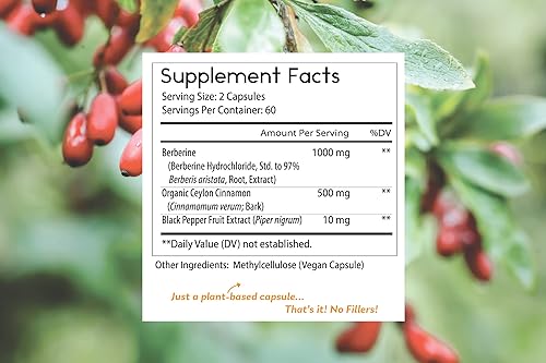 Miniatura 7 de Thomas' all-natural Remedies Berberina 500mg (1000mg por porción)- 120 cápsulas veganas - con canela de Ceilán y pimienta negra - Apoya la función