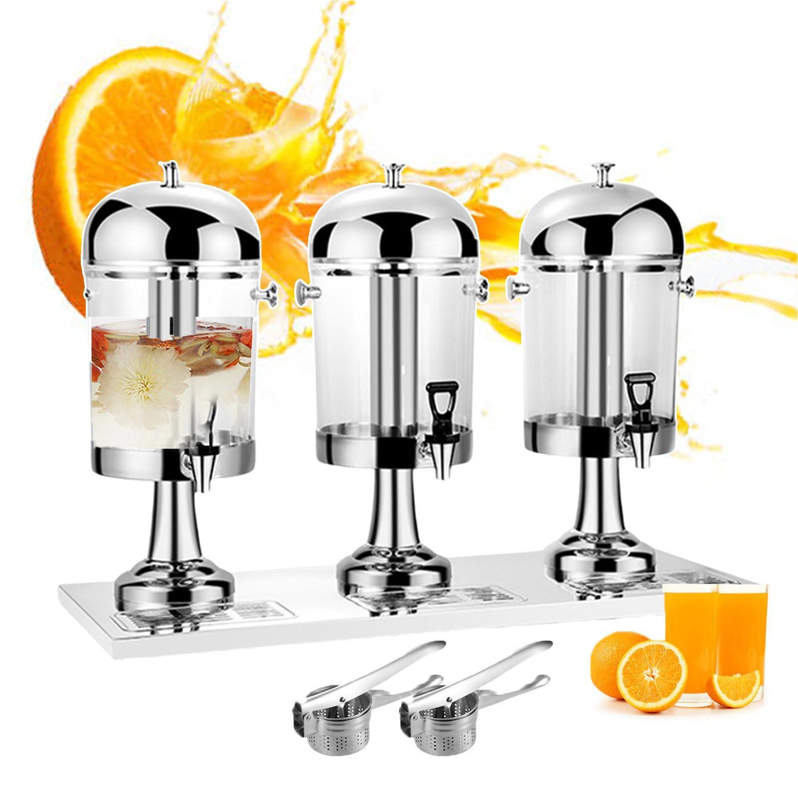 MYUYEE Beverage Juice Dispenser, 24L Commercial Drink Juice Dispenser With Tap, Chillers & Water Fountains, Soy Milk Flower Tea Coffee Dispenser For Warm And Cold Drink - 3 Bucket,Gold (Silver)