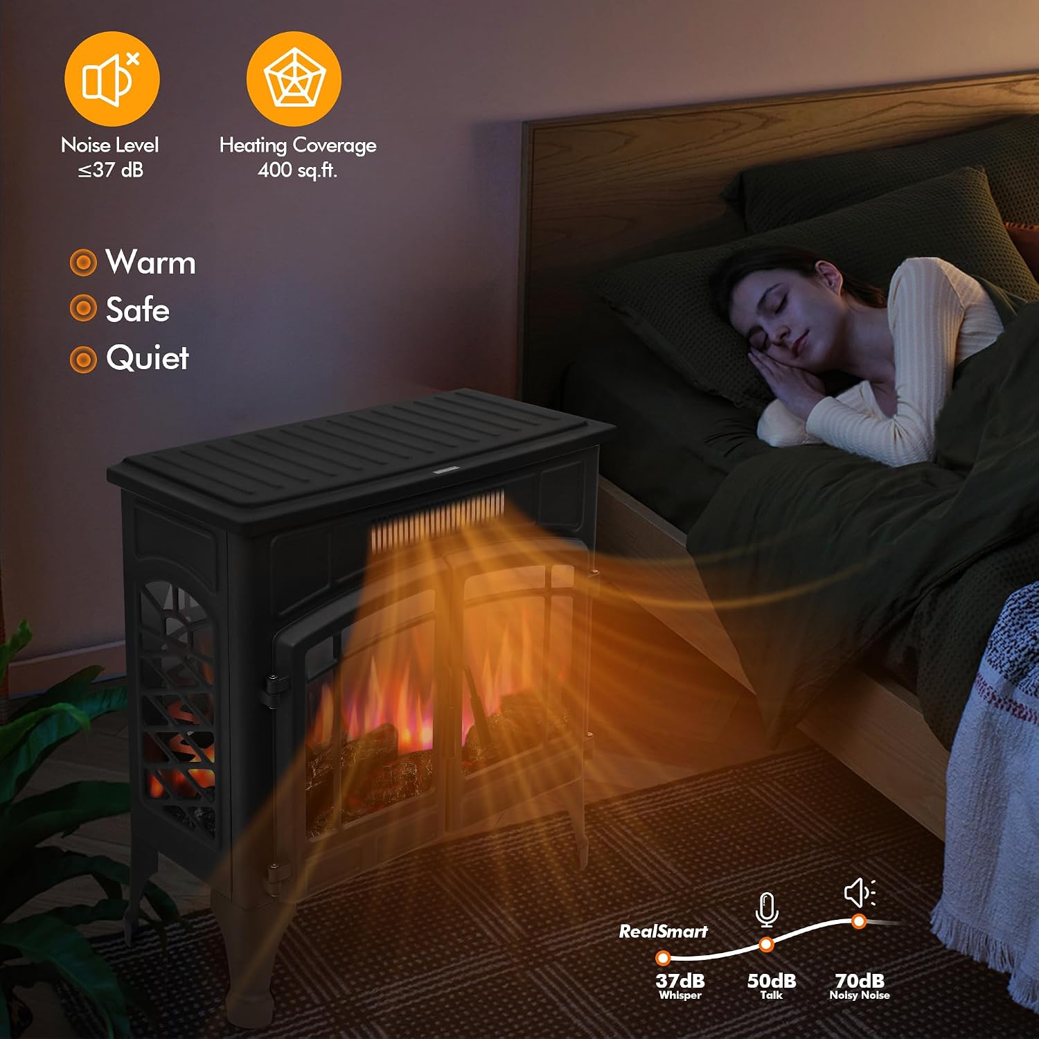 RealSmart Electric Fireplace Heater, Freestanding Stove Heater with 3D Realistic Flame Effect, Fireplace Stove Overheat Safety Protection for Indoor Use Bedroom,750W 1500W Retro Black