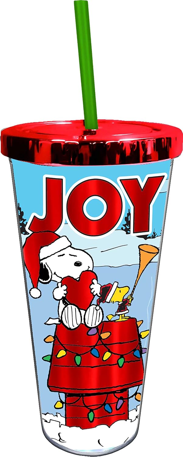 Spoontiques Acrylic Foil Cup with Straw, 20oz - Metallic Locking, Double Wall Insulated, BPA Free - Peanuts Snoopy Christmas