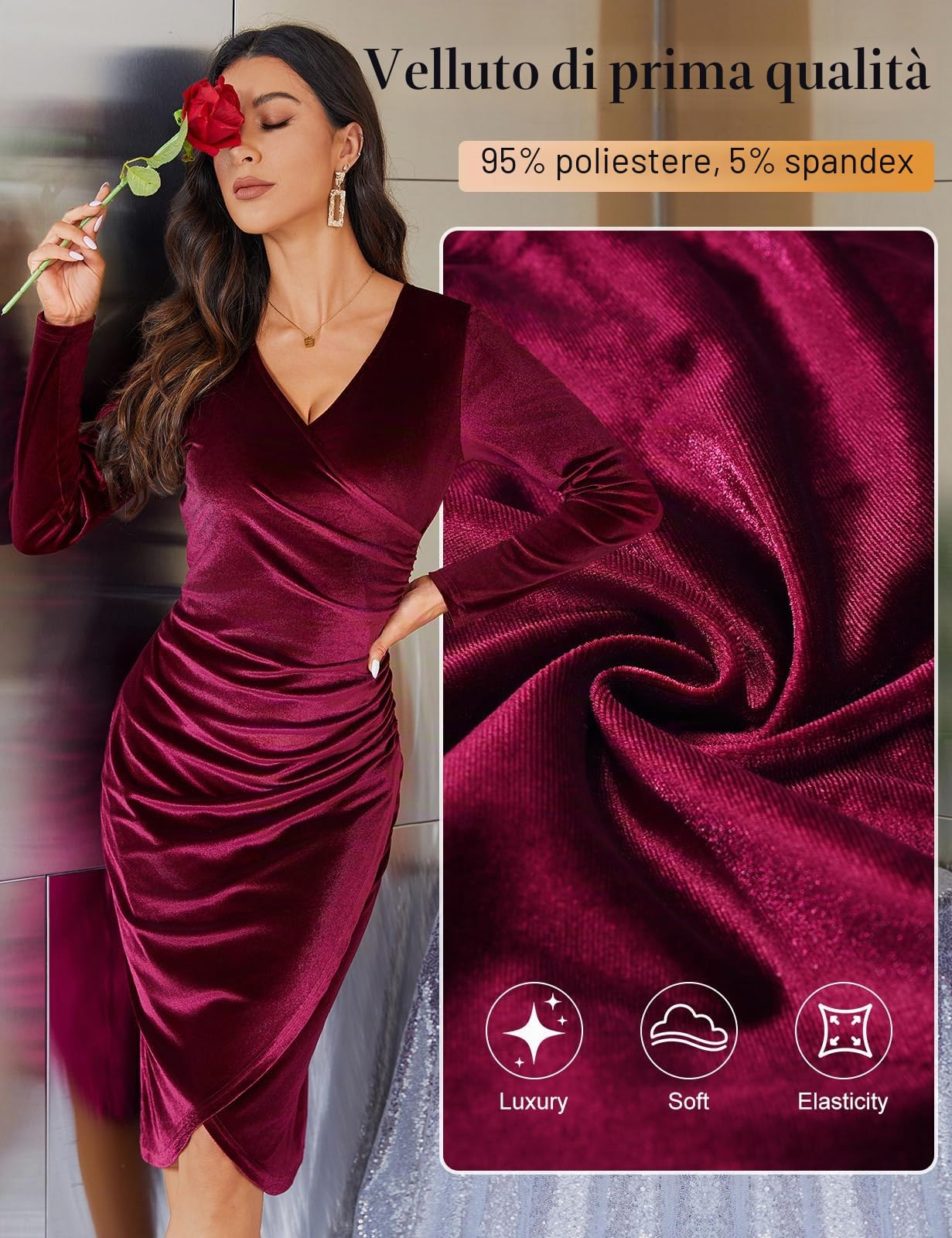 CMTOP Abito Elegante Donna Vestito Velluto Invernale Abito da Donna Manica Lunga con Scollo a V Sexy Abiti da Sera Lunghi Maxi Abito da Cocktail Cerimonia Feste Autunno e Inverno