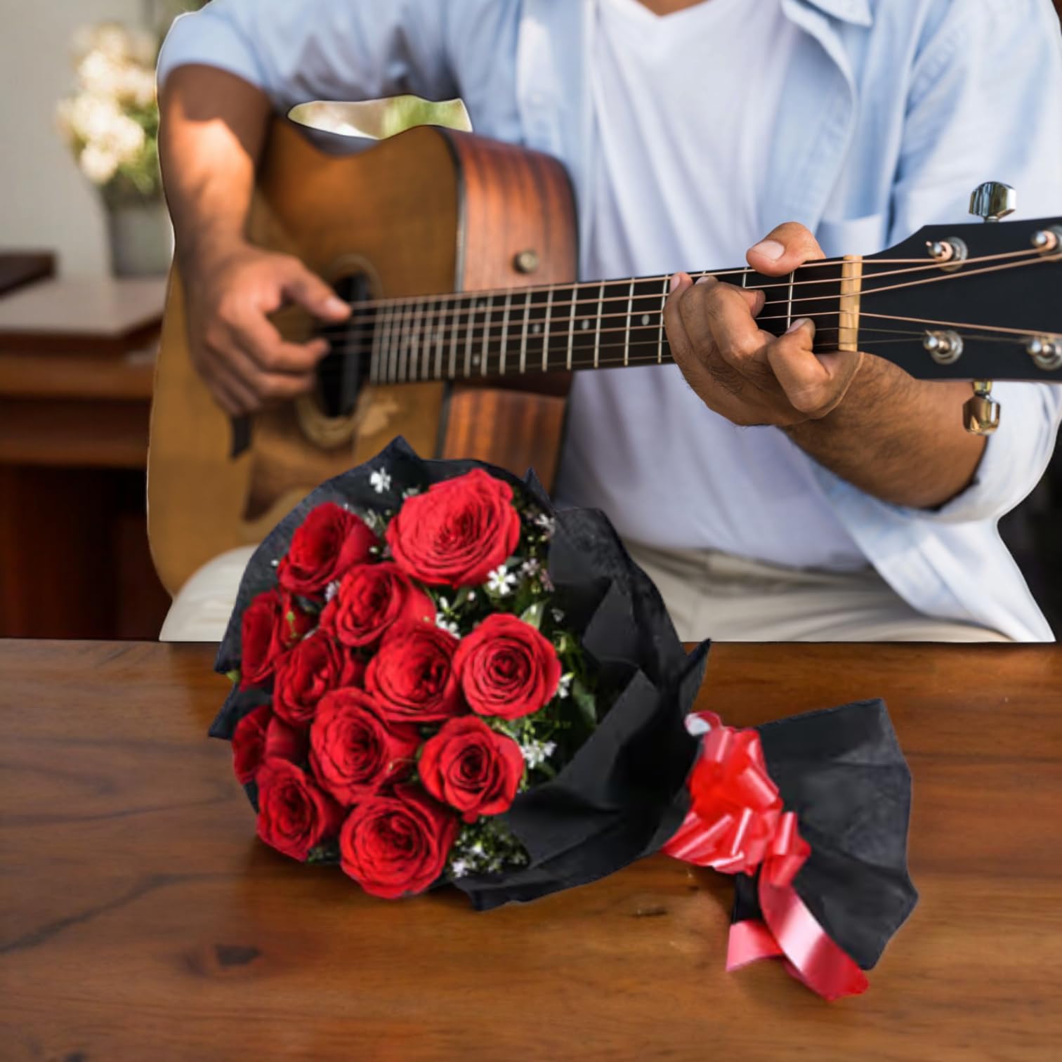 Beyond Gifts Fresh Flowers Bouquet With 20 mins Guitarist Performance at doorstep | Perfect Birthday, Anniversary surprise for Husband, Wife, Mom, Dad (12 Red Roses N Guitarist)-image-23
