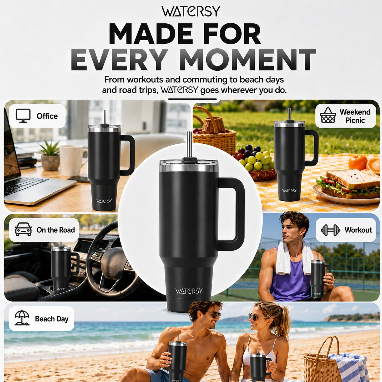Watersy - Tazza termica con manico e cannuccia, a doppia parete in acciaio inox, mantiene il freddo per 34 ore, per tè, bevande fredde e caffè (tinta unita, nero)