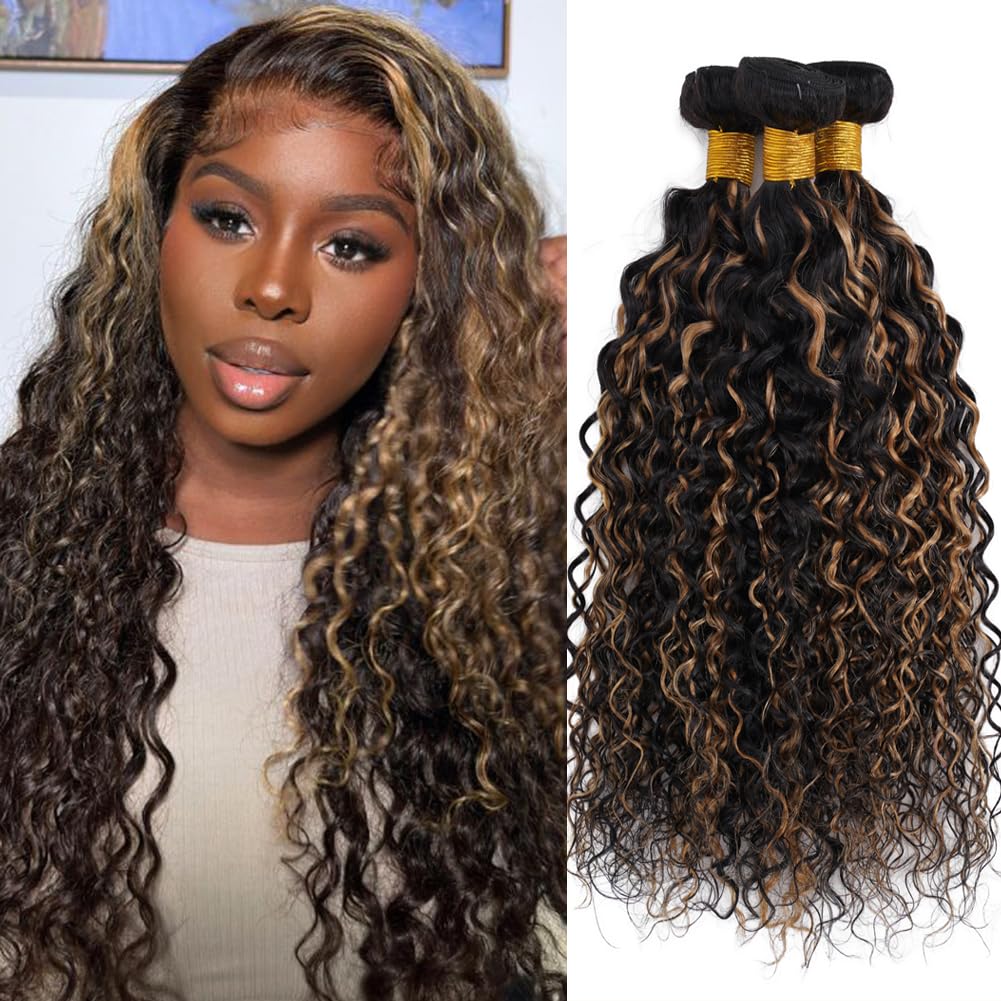 Highlight Water Wave Bundles Human Hair Honey Blonde Balayage Virgin Human Hair Bundles For Women Black and Brown Double Weft Water Curly Wave 3