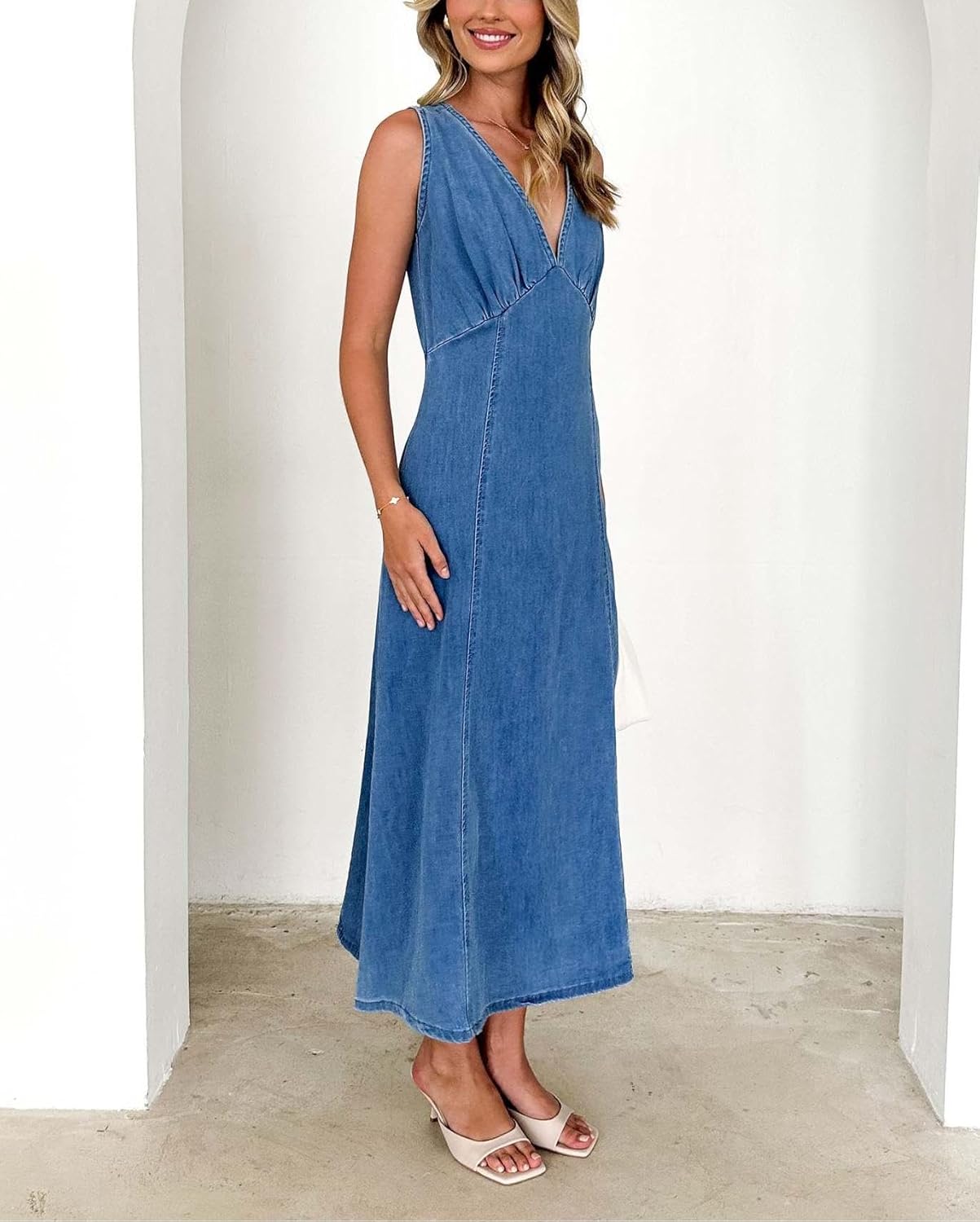 yoeasy Women's Summer Denim Dress Sleeveless V Neck High Waist Trendy Casual A Line Jean Maxi Dress - Image 3