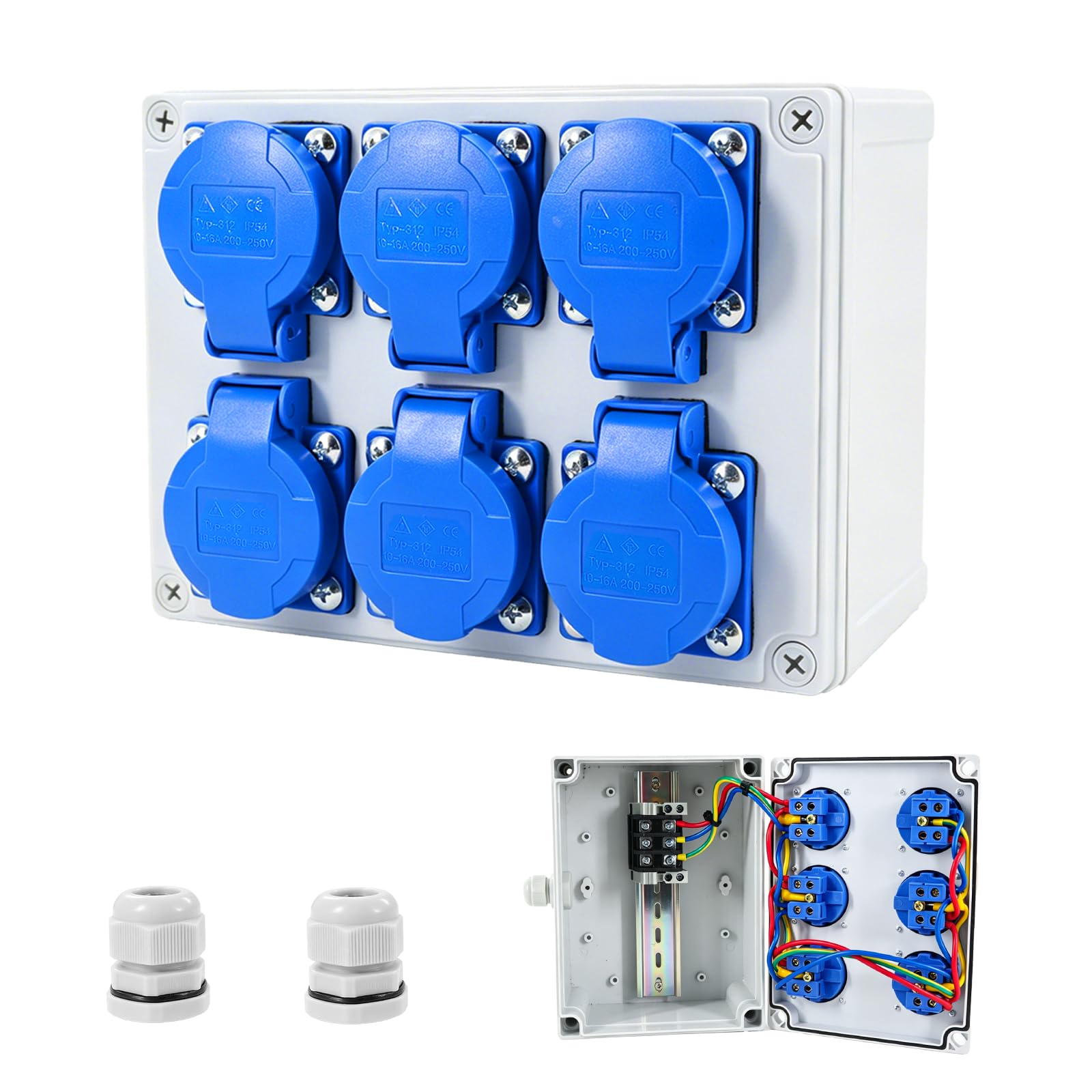 Distribuidor de corriente de pared con 6 enchufes Schuko de 230 V 16 A, precableado y carcasa resistente a los golpes, caja de distribución para taller, garaje y obra