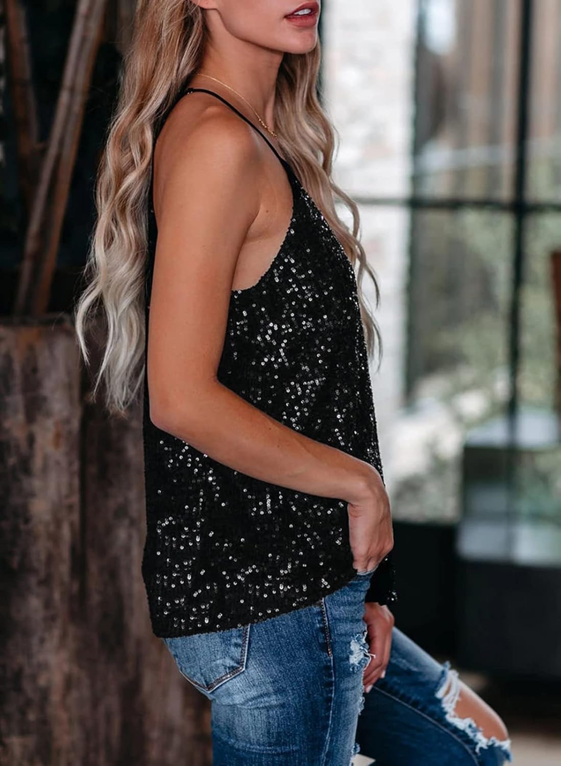 miduo Womens Tank Tops Casual Fashion V Neck Strappy Sequin Sparkle Shimmer Camisole Sleeveless Tanks Tops - Image 4