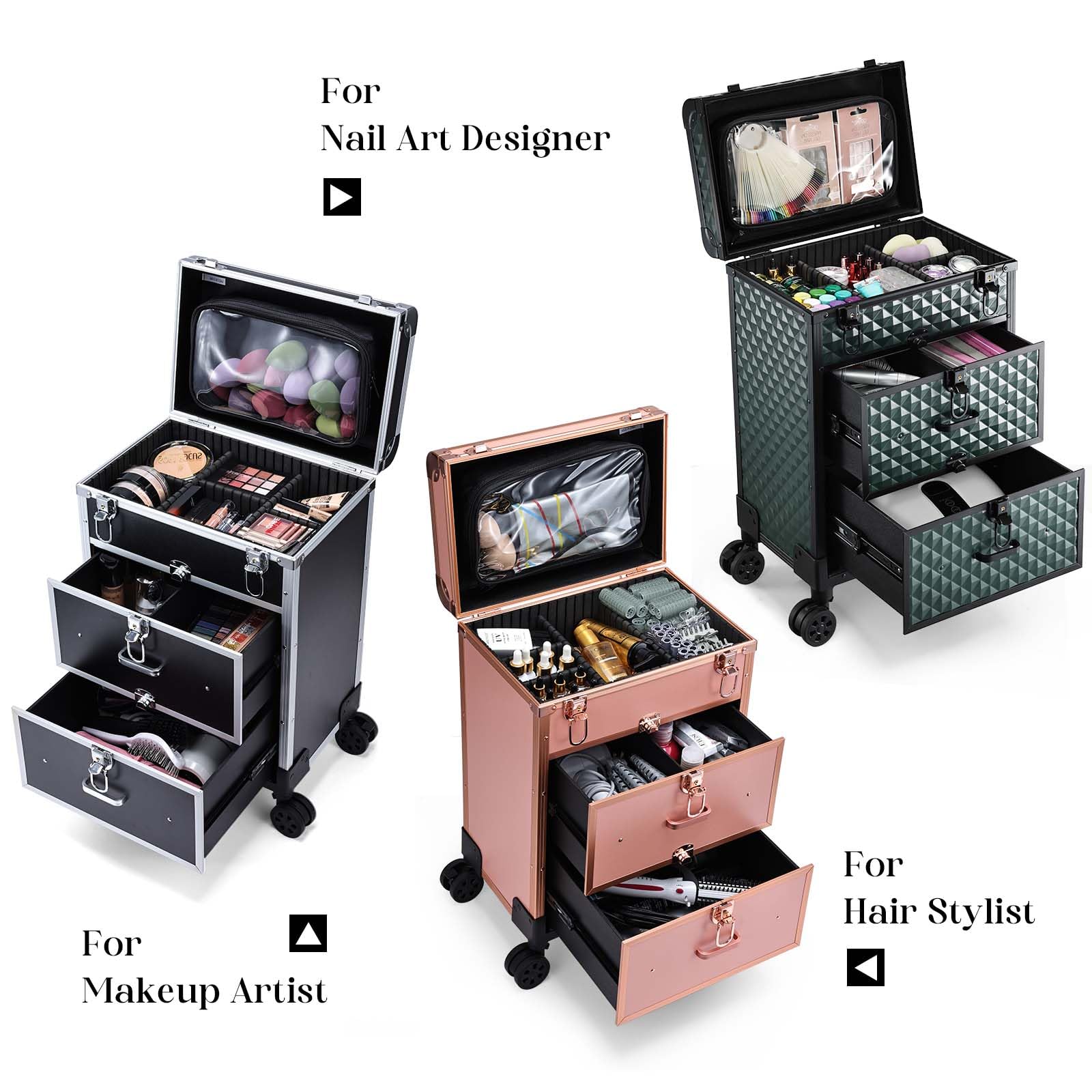 Kosmetik Trolley mit 2 Schubladen Friseurkoffer Groß Kosmetikkoffer Ngaelkoffer Make up Koffer mit 360° drehbare Rollen Schminkkoffer Abschließbarer Nageldesign Koffer Werkzugkoffer,Dunkelgrün