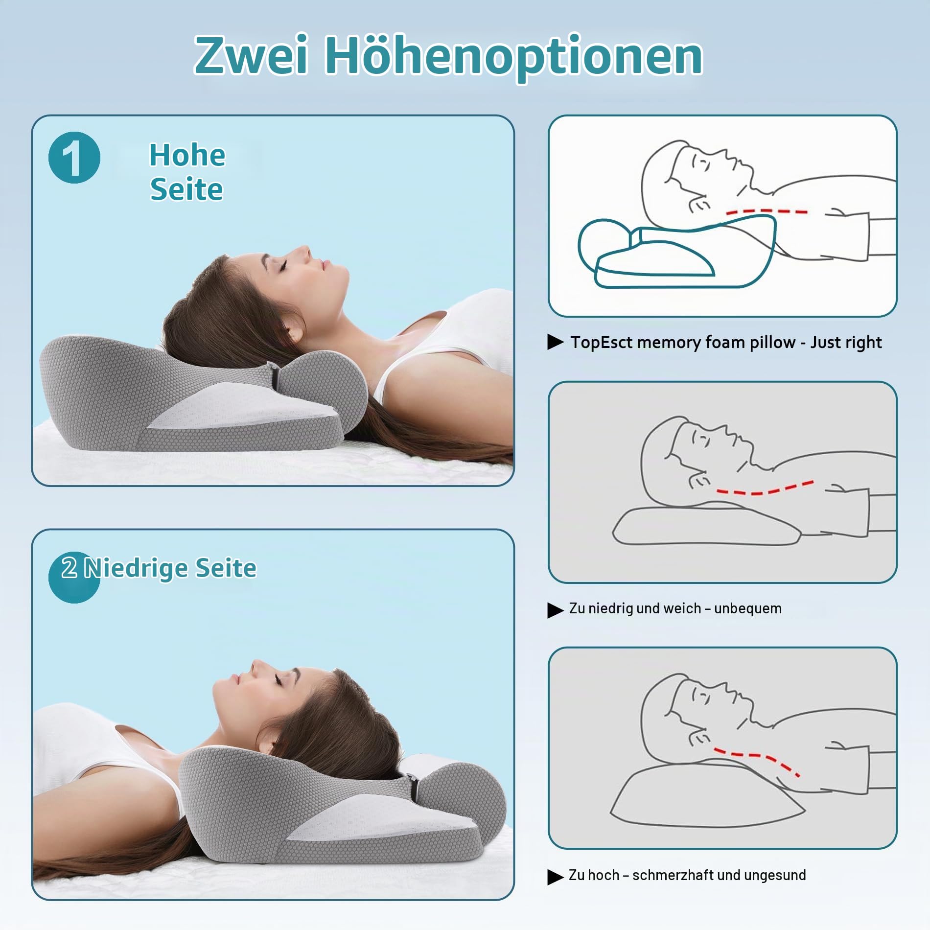 TopEsct Memory Foam Kissen Seitenschläferkissen,Nackenkissen Kopfkissen für Seiten,Rücken Schläfer(Grau)