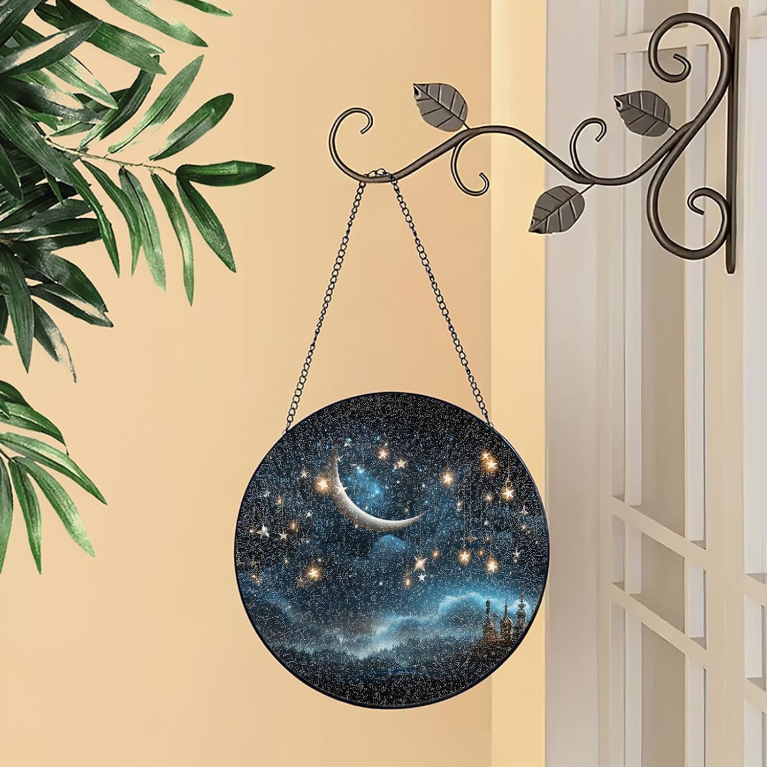 Stained Glass Window Hanging 6in（15cm）, Nightsky Hanging Moon Stars Glass Suncatcher for Home Decor, Indoor Wall Art Glass Panel with Metal Chain and Hooks, Sun Catcher Ornament Birthday Gifts