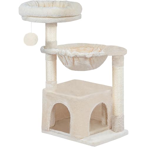 Small Cat Tree Tower with Luxury Condo, Basket Hammock for Indoor Kittens with Scratching Posts, Kittens Pet Activity Tree (Beige)