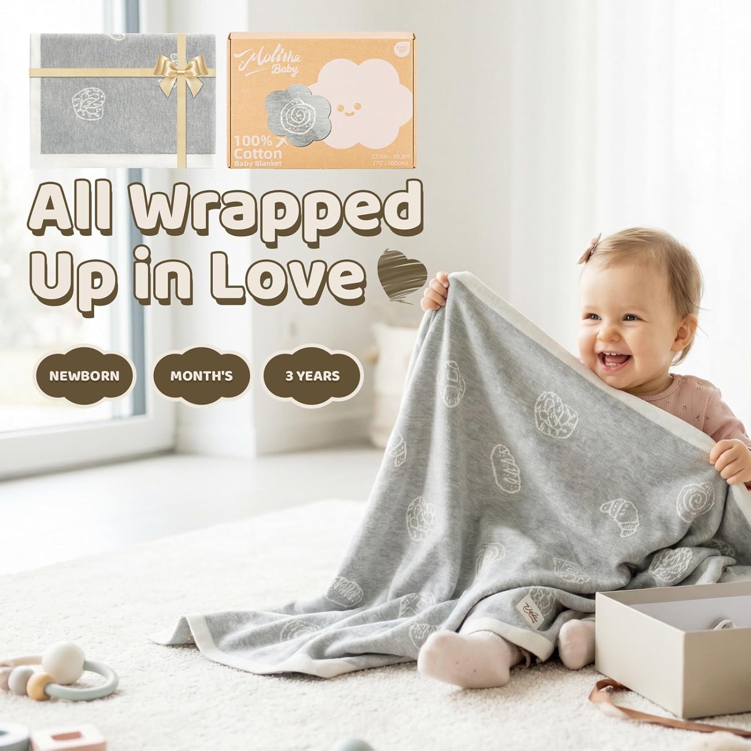 100% Cotton Baby Blanket Ultra Cozy Soft Newborn Swaddle for Boys and Girls, Gentle on Skin, Machine Washable Perfect Registry Essential Marshmallow Gray