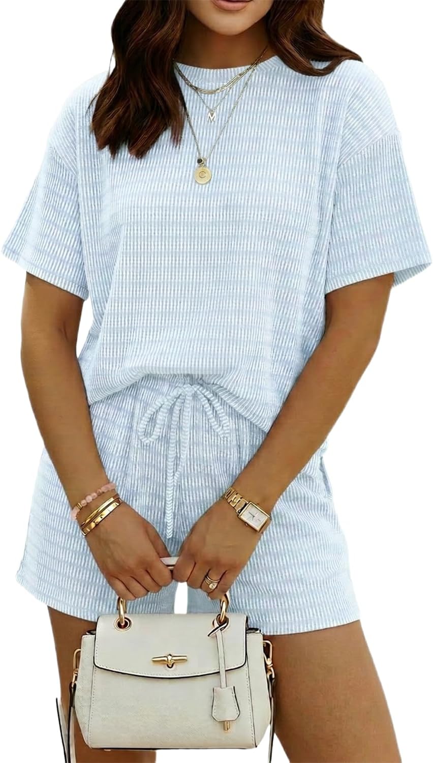 Opemiby Women Summer 2 Piece Outfits Ribbed Short Sleeve Tee Top and Drawstring Waist Shorts Matching Set with Pockets