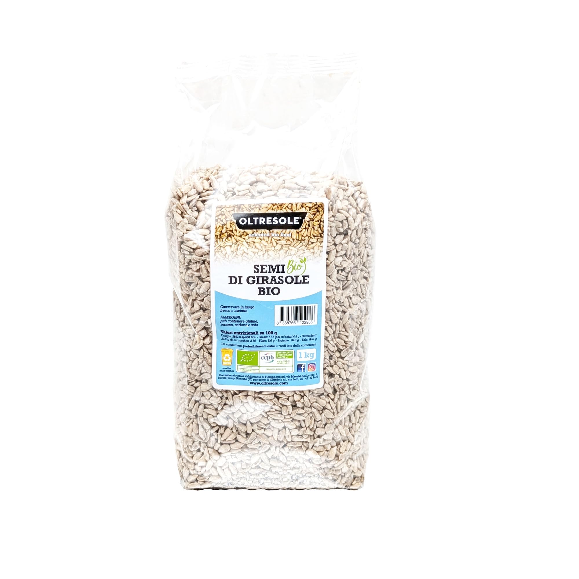 Oltresole, Semillas de girasol descascarilladas ecológicas 1 Kg, Semillas oleaginosas ecológicas crudas, sin cáscara, sin tostar y sin salar, ricas en fibra y nutrientes, Pack ideal para familias