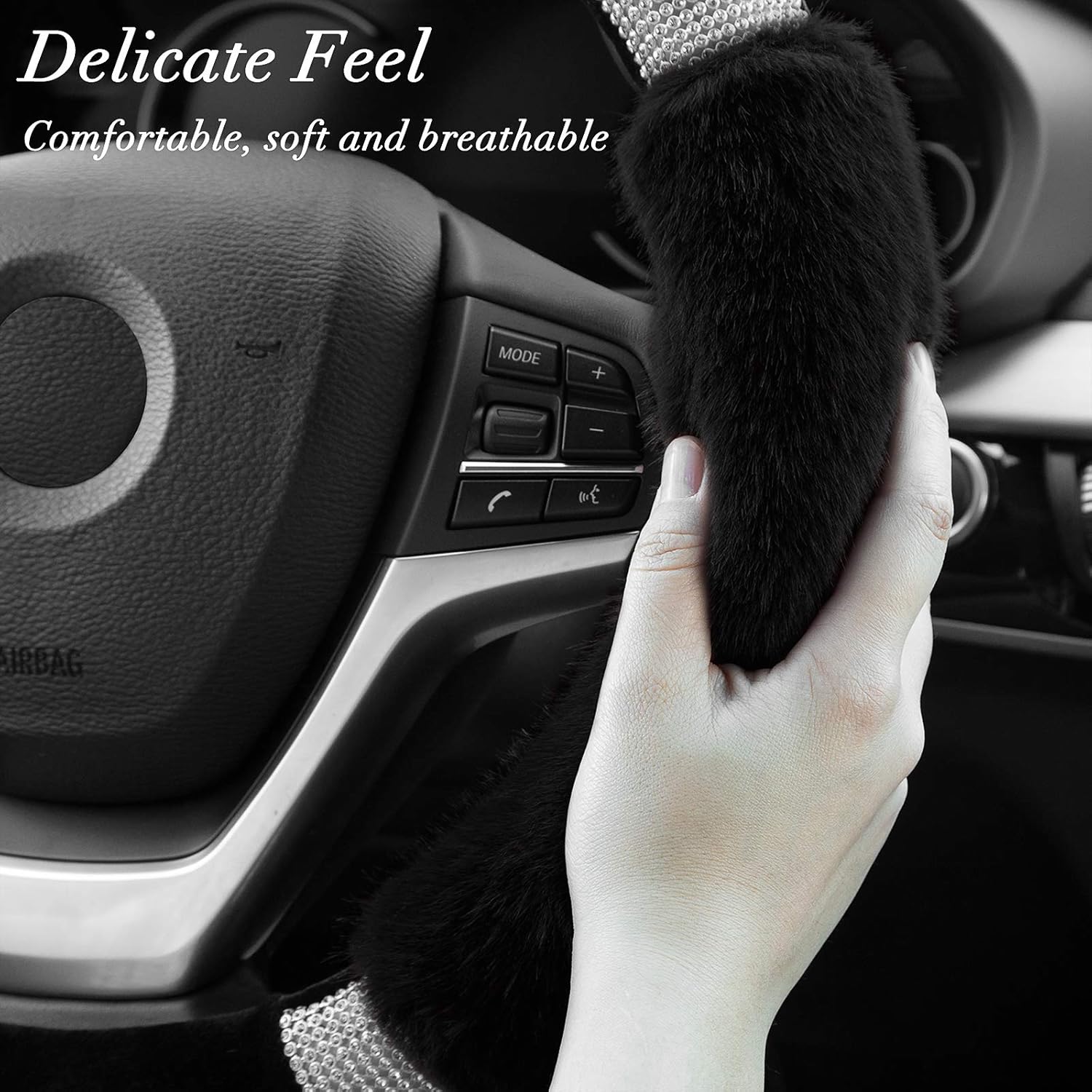 Achiou Fluffy Steering Wheel Cover for Women, Universal Rhinestone Bling Comfortable Non-Slip Luxurious Faux Wool & Glam Vehicle for Ladies, Girls, 15 Inch : Automotive