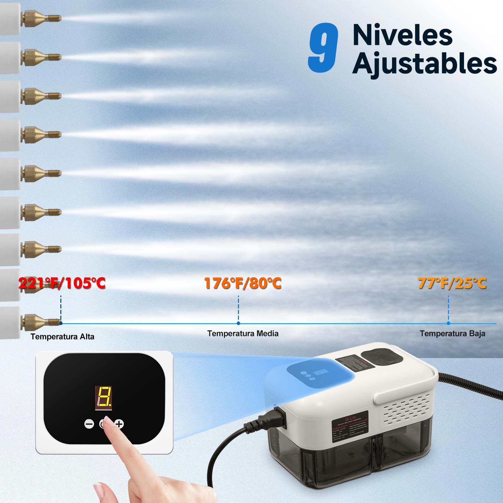 2500W Limpiador a Vapor Portátil, 9 Velocidades Ajustables, con 9 Accesorios, 1,2L Depósito Agua Grande, Steam Cleaner para Baño Patio Azulejos Juntas Suelos (Blanco)