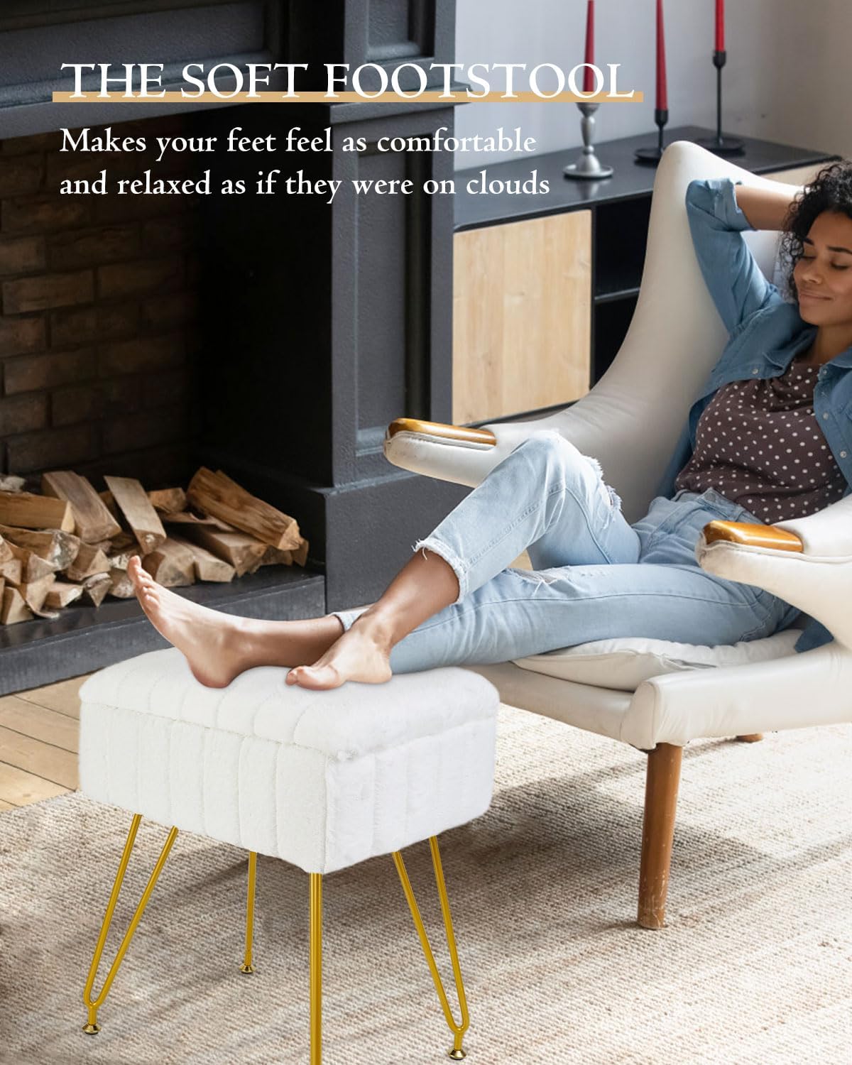 Vanity Stool with Storage, Faux Fur Makeup Stool with Metal Legs, Multifunctional Furry Footrest Ottoman Chair for Living Room Bedroom,White