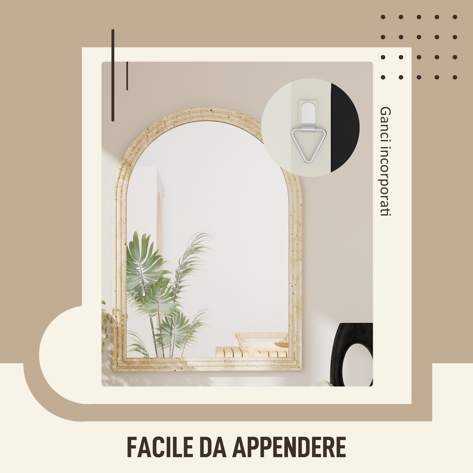HOMCOM Specchio Design ad Arco con Bordo Scanalato e Ganci, Specchio a Muro in Vetro e Polistirene, 60x2x90 cm, Beige