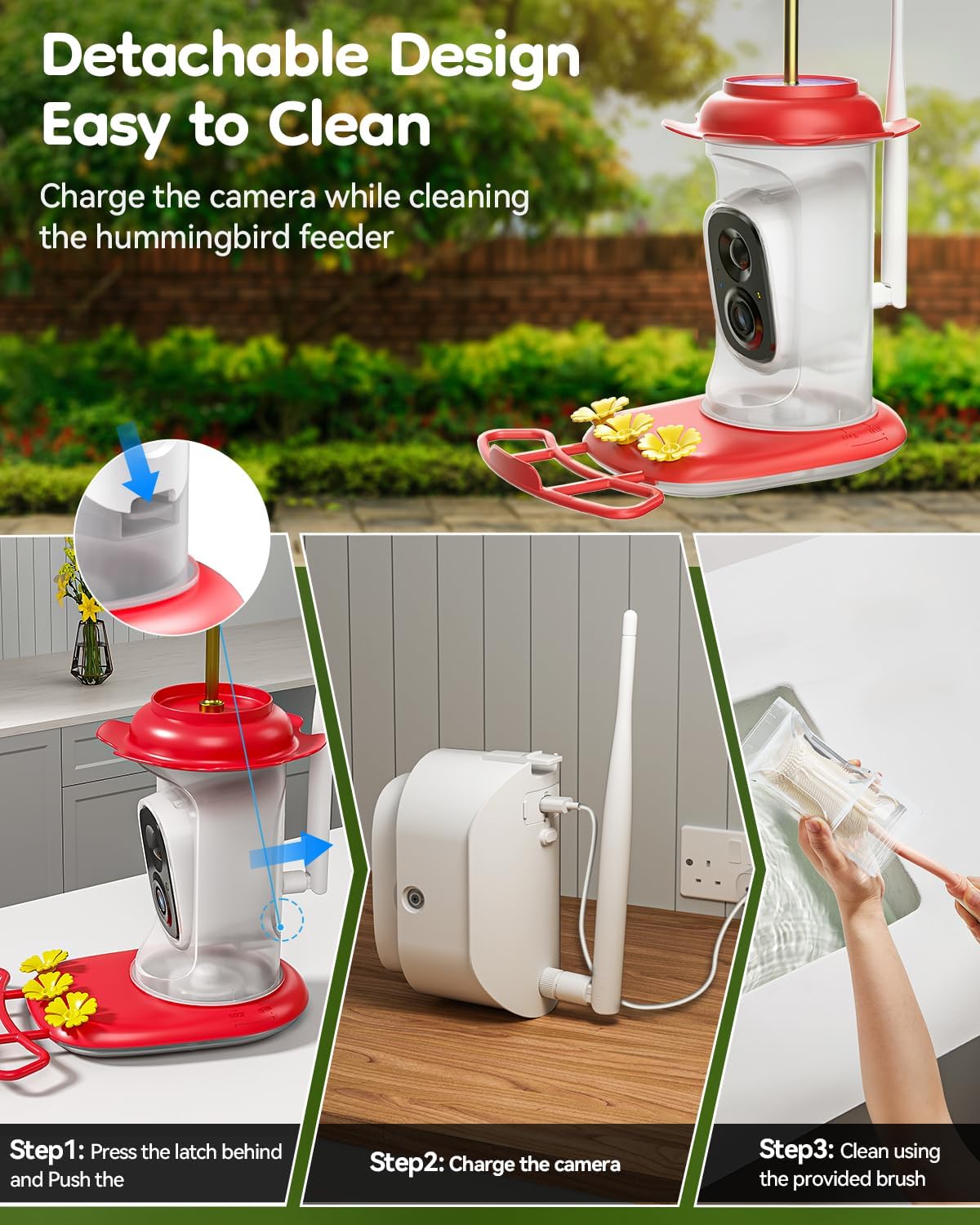 LongPlus® Solar Hummingbird Feeder with Camera for Outdoors, Solar Hummingbird Feeder with 2K Live Video,Ant Guard Base,AI Bird Identify,Ant Moat,Bee Proof with 3 Feeding Ports, Bird Lover Gifts Ideal - Image 6