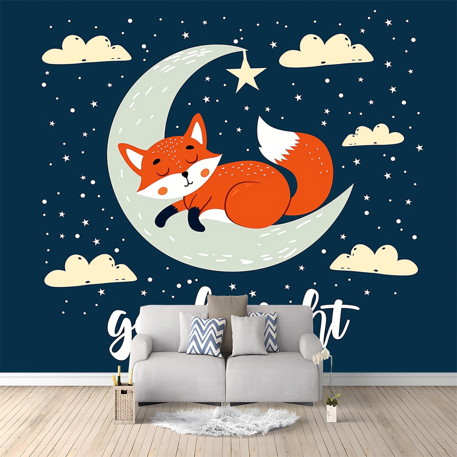 Tapeta śliczny księżyc z kreskówki, 300 x 210 cm, tapeta z włókniny, ciemnoniebieska, tapeta ścienna do salonu, biura, sypialni, tapeta dekoracyjna