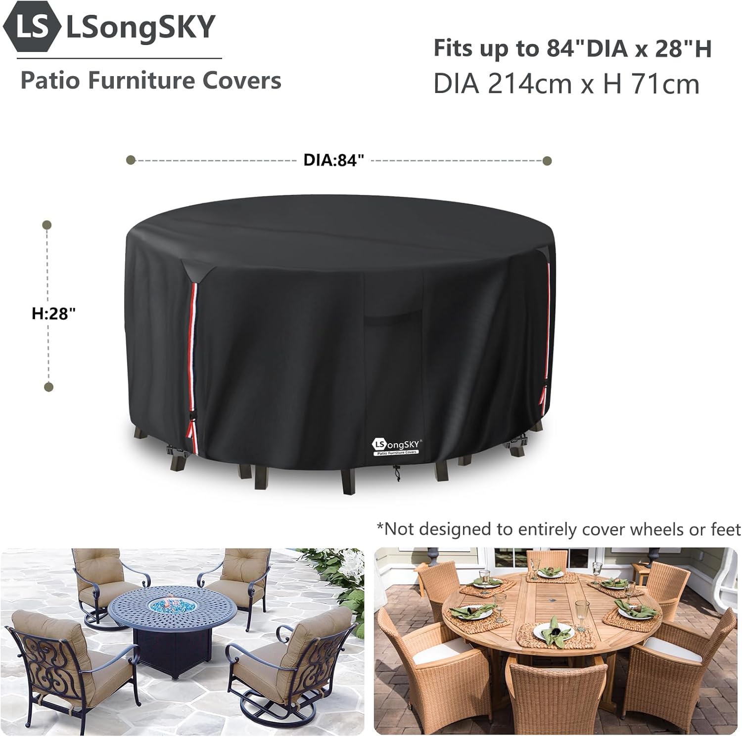 Round Patio Furniture Covers,600D Heavy Duty Waterproof Outdoor Furniture Cover for Round Dining Table with Rocking Swivel Chairs Set,84" Dia x 28" H Black