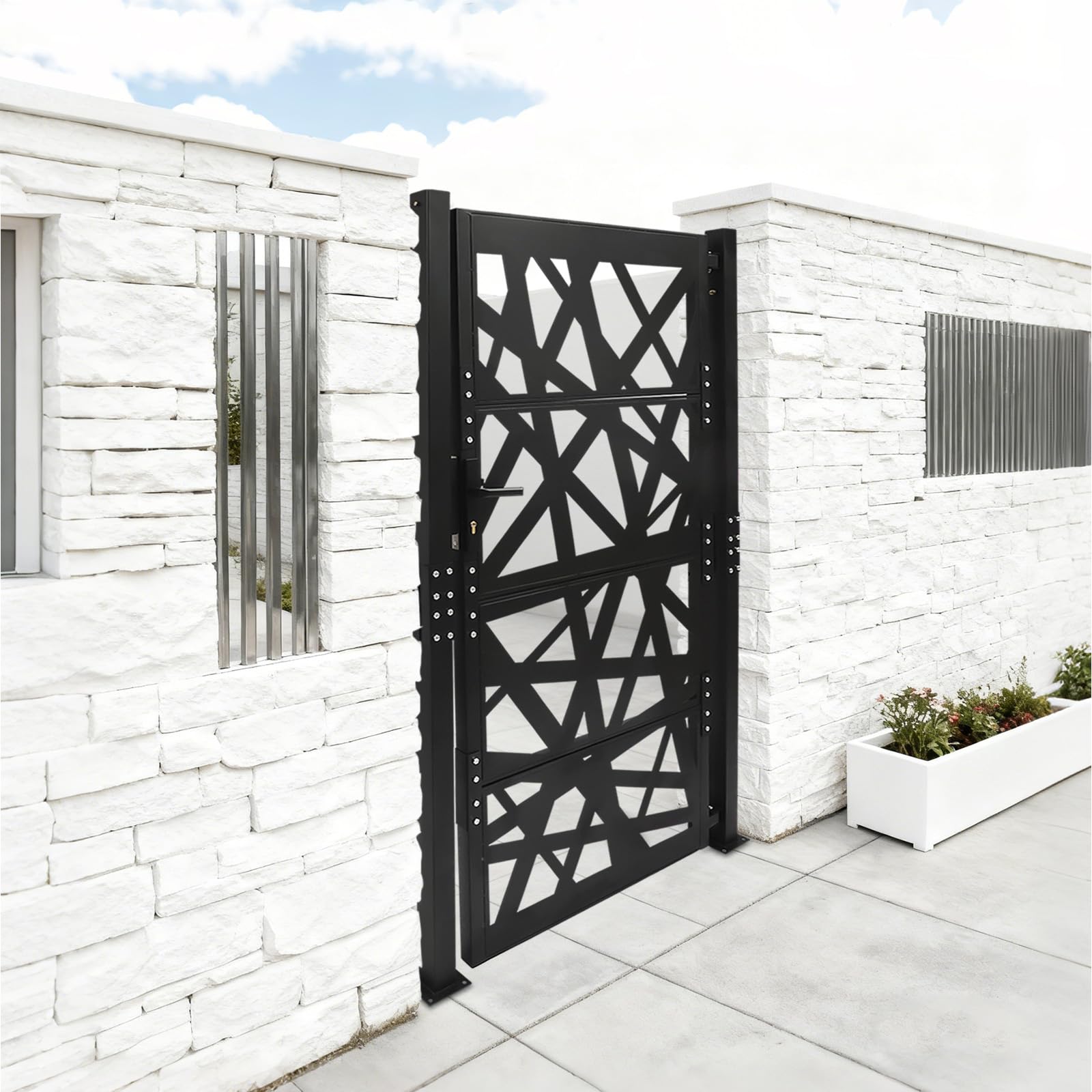 Puerta de jardín de acero negro con recubrimiento en polvo, resistente a la intemperie y a la corrosión, puerta de seguridad con cierre para jardín, entrada y patio