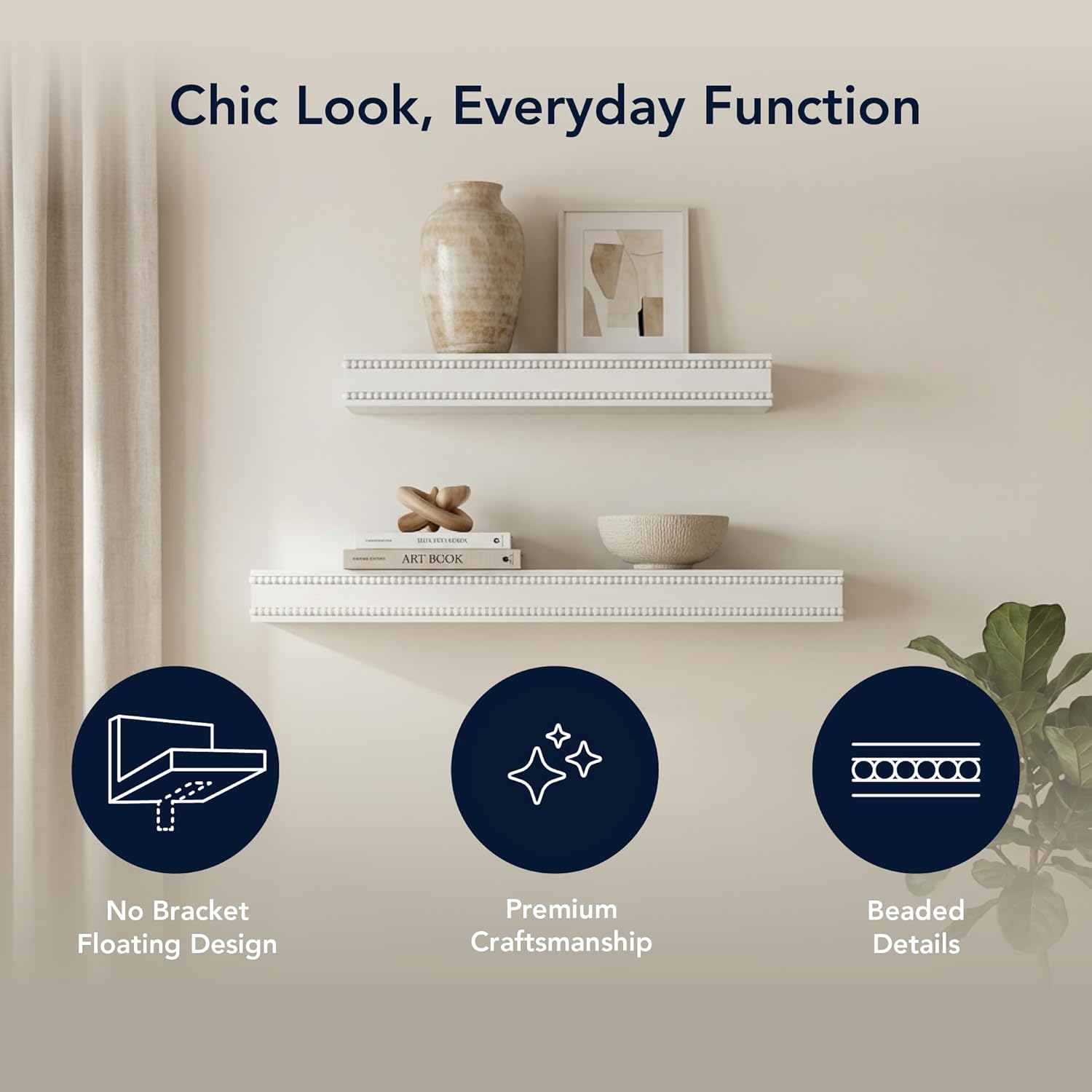 American Art Decor Beaded 2-Piece Floating Wall Shelf Set, White Shabby Chic Carved Picture Ledge Shelves with Lip, Decorative Wall Ledge for Nursery, Gallery, or Living Room Display