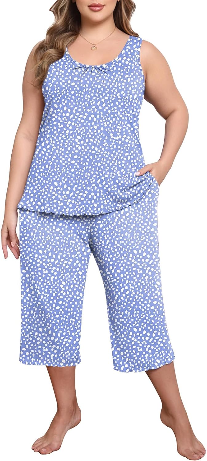Lastshe Women's Plus Size Pajama Set 2 Piece Sleepwear Soft Cozy Sleeveless Knit Tank Top Capri Pants Lounge PJs with Pockets