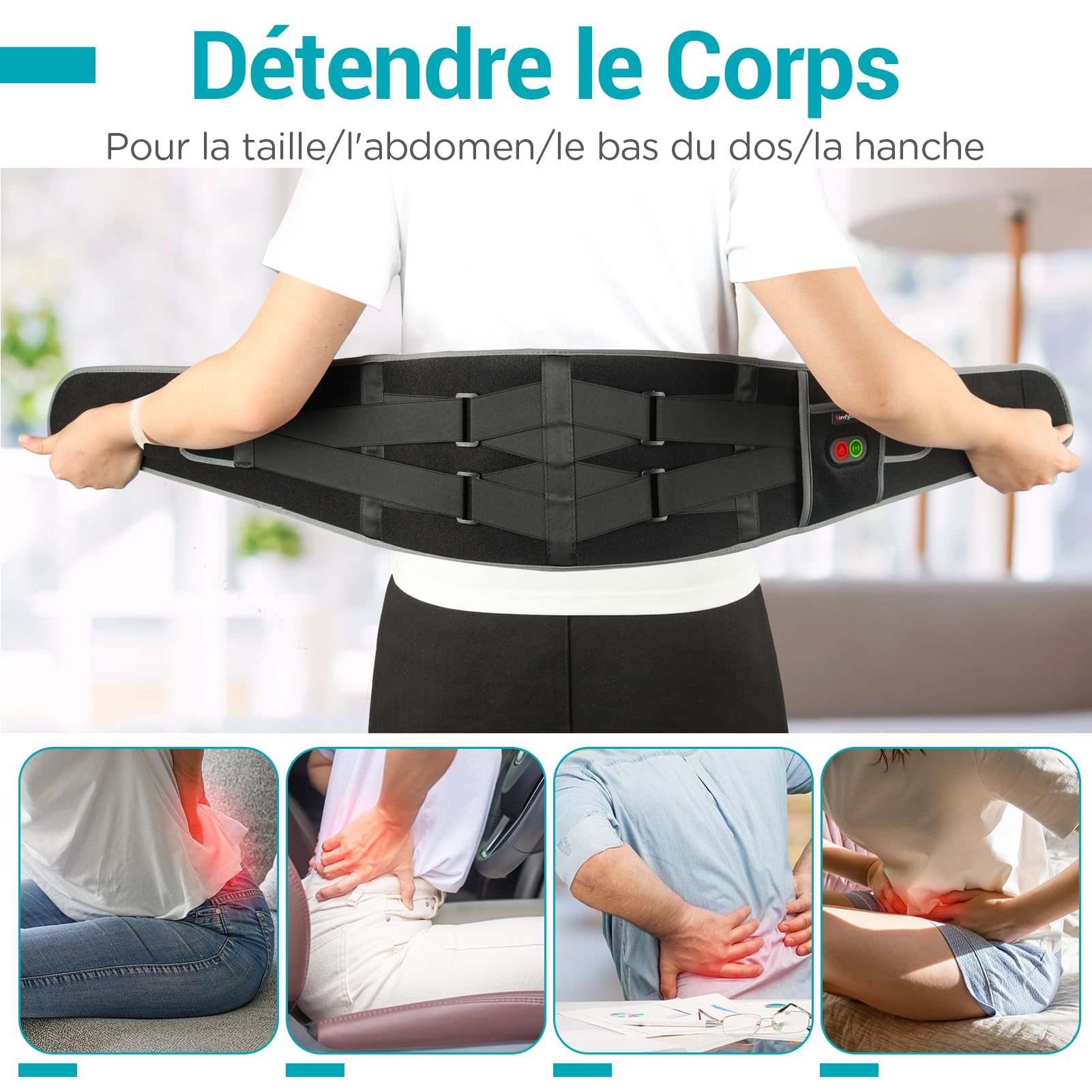 Comfytemp Ceinture Lombaire Chauffante,150x20cm Coussin Chauffant Pour La Taille Sans Fil avec 3 Modes De Massage et 3 Niveaux de Température, Ceinture Massage pour Détendre les Lombaires, Abdominales