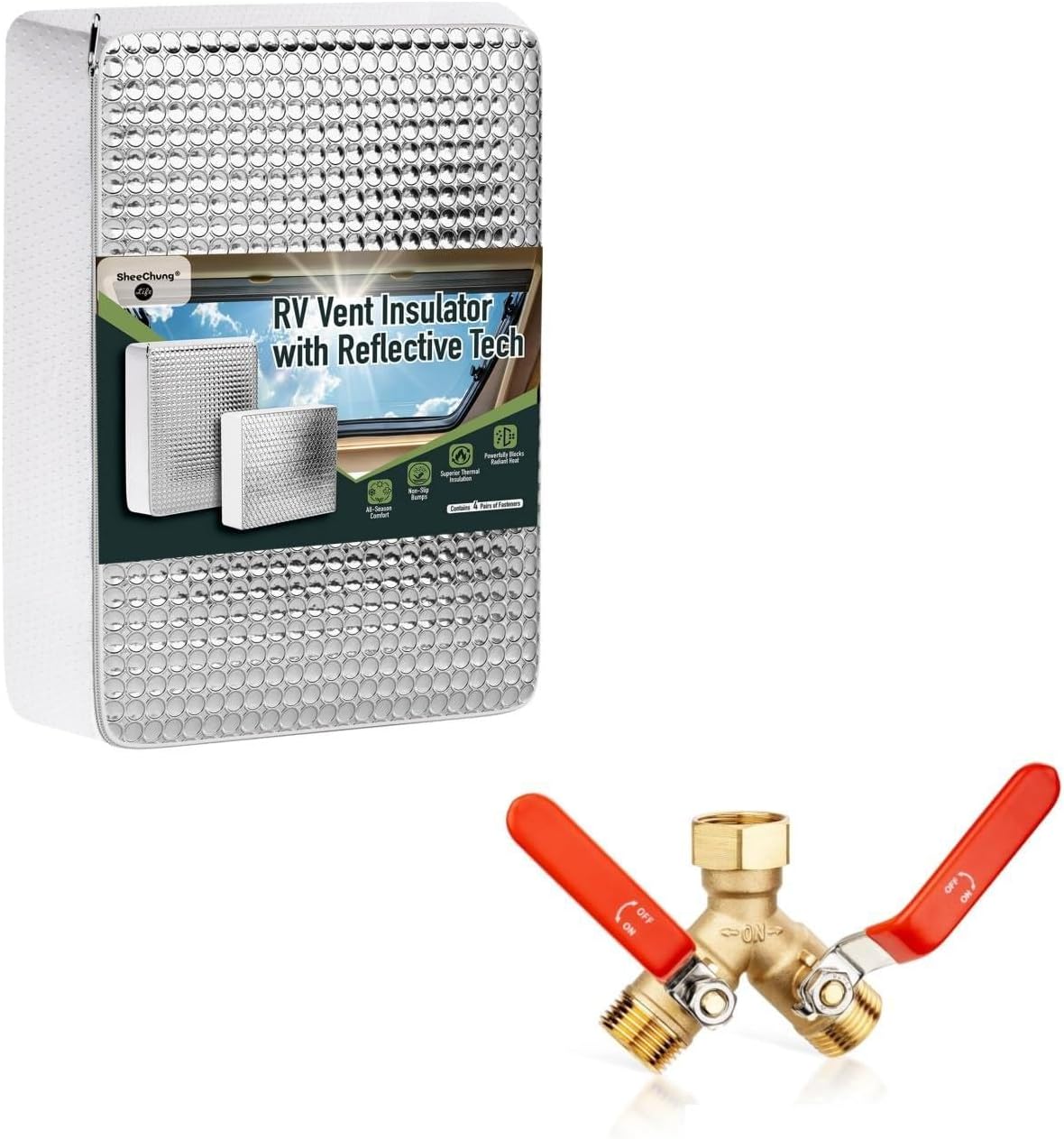 SheeChung RV Vent Insulator, 22″x14″x3″ RV Skylight Cover with Reflective Surface | Energy Saving & RV Hose Splitter 2 Way Heavy Duty, Garden Hose Y Splitter With Stainless Steel Long Handle