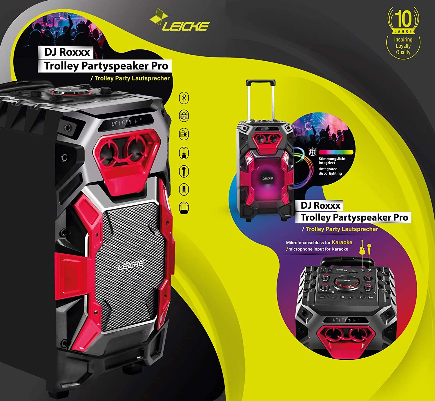 LEICKE Tragbar Karaoke Lautsprecher Bluetooth, PA DJ Anlage Kabellos Party Musikanlage Musik System Box, Soundsystem mit Licht USB, Aux In, UKW Radio, Gitarren Mikrofon Anschluss und Trolley Griff