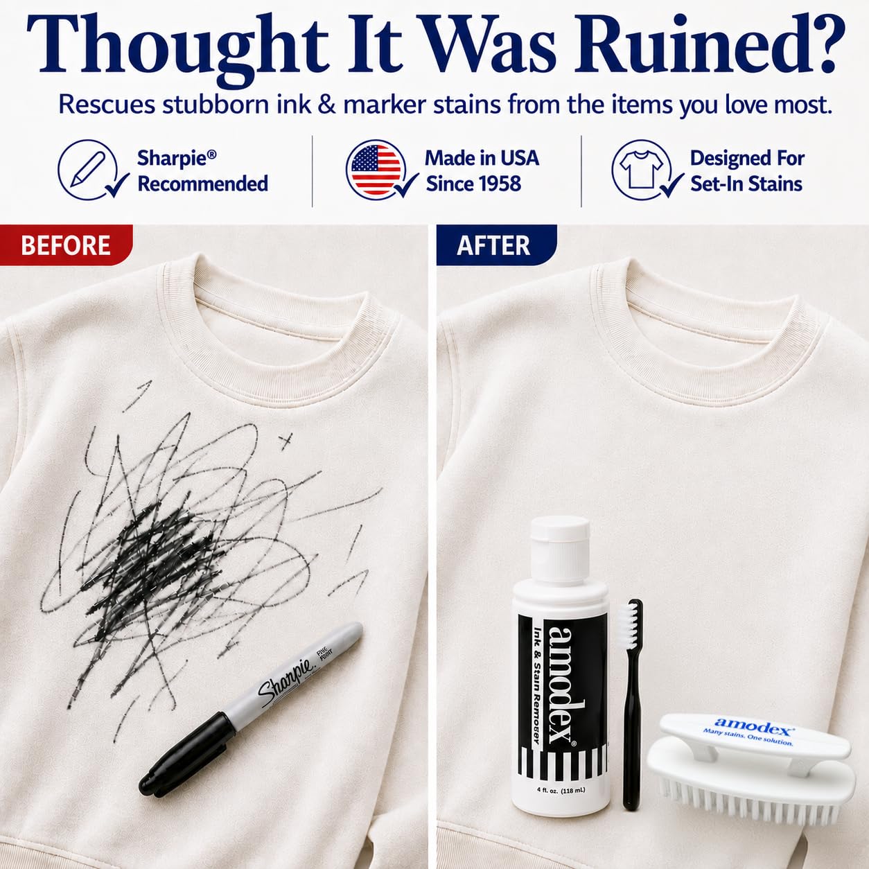 Amodex Kit de removedor de tinta y manchas, removedor de manchas para ropa, removedor de manchas de tela, removedor de tinta de ropa, removedor de manchas de sangre, botella de 4 onzas, 2 cepillos