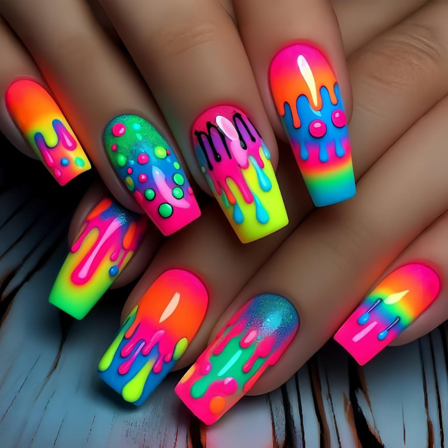 Colorful Press on Nails - Medium Length Fluorescent Nail Art