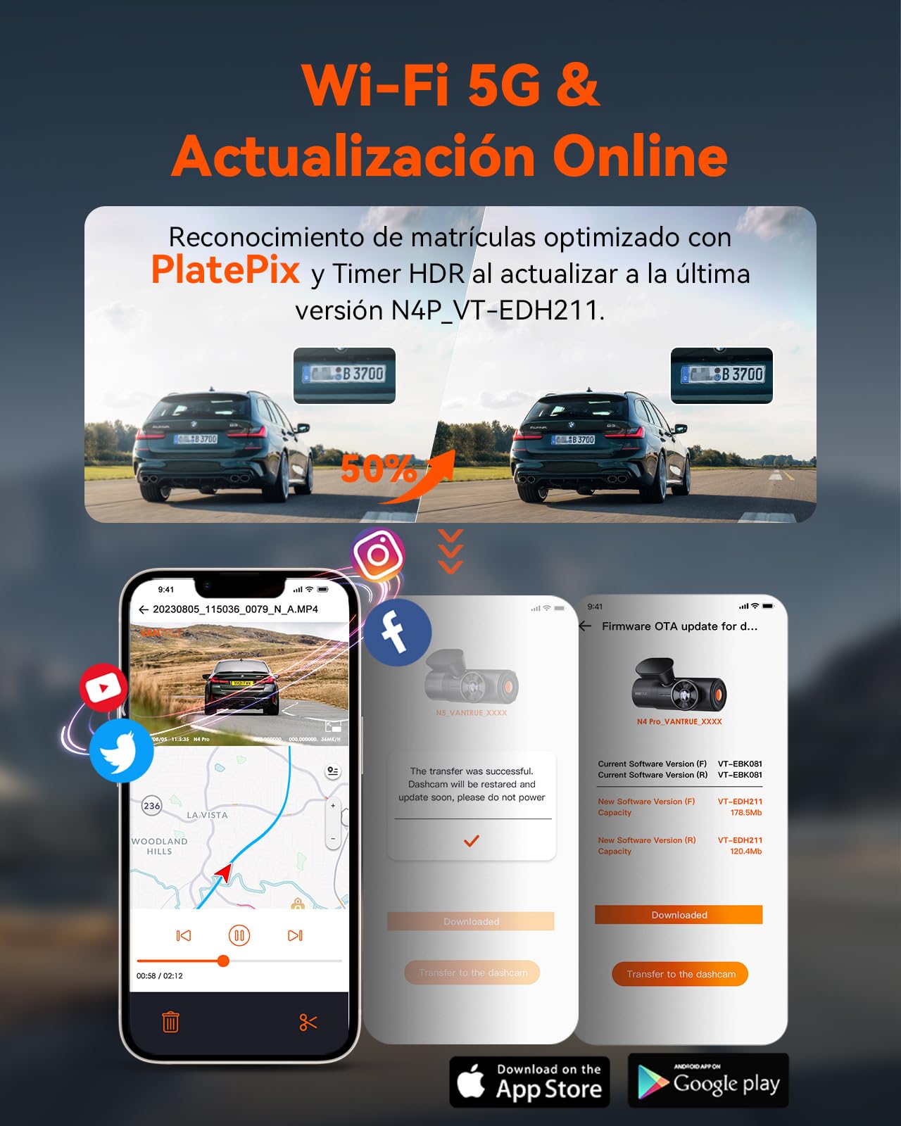 VANTRUE N4 Pro Cámara de Coche WiFi 4K de 3 Canales, Visión Nocturna STARVIS 2 IMX678, 1080P/30FPS, Control de Voz, GPS, HDR, Modo de Estacionamiento 24 Horas, Soporte 512GB Máx.