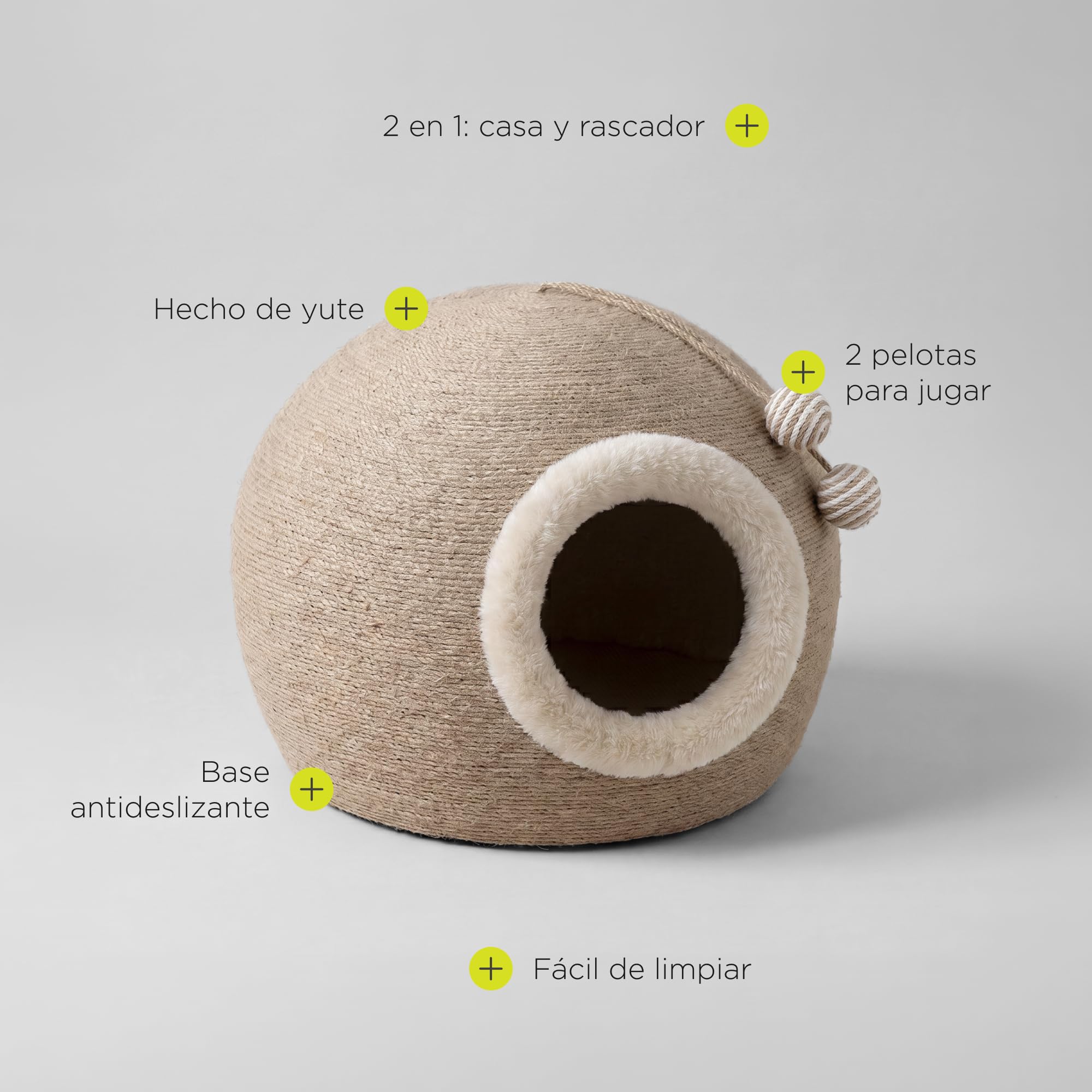 Flurby Rascador de Sisal con Casa para Gato Bola 45x45x37 cm, Cama y Escondite, Base Estable Antideslizante, Juguete con 2 Pelotas Colgantes