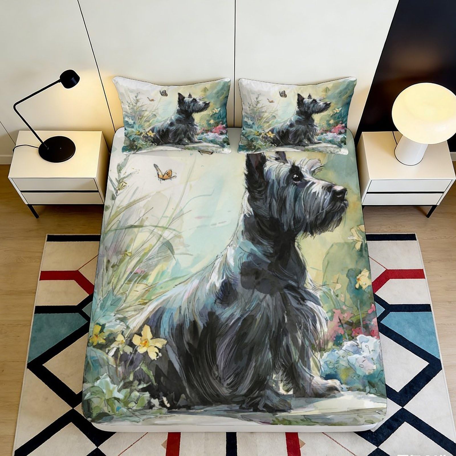 Pnayamiorkfel Style-2 3D Printed Black Terrier Fitted Sheet Microfiber Soft Breathable Wild Meadow Bed Cover For Bedroom Guest Room Decor 90X200x25cm