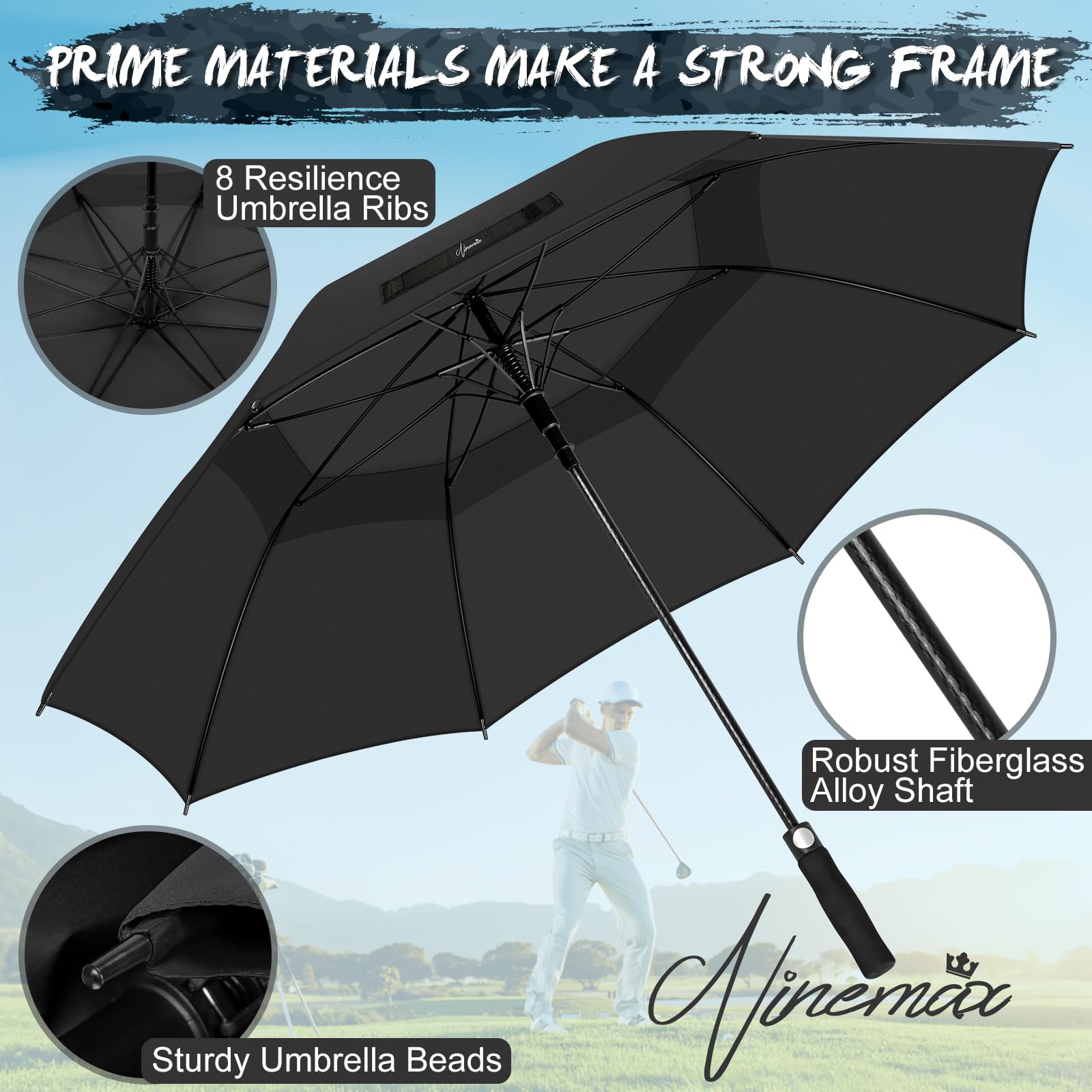 NINEMAX Parasol golfowy automatycznie otwierany 152/162 cm - podwójny baldachim parasol golfowy duży parasol wiatroszczelny z paskiem dla mężczyzn i kobiet