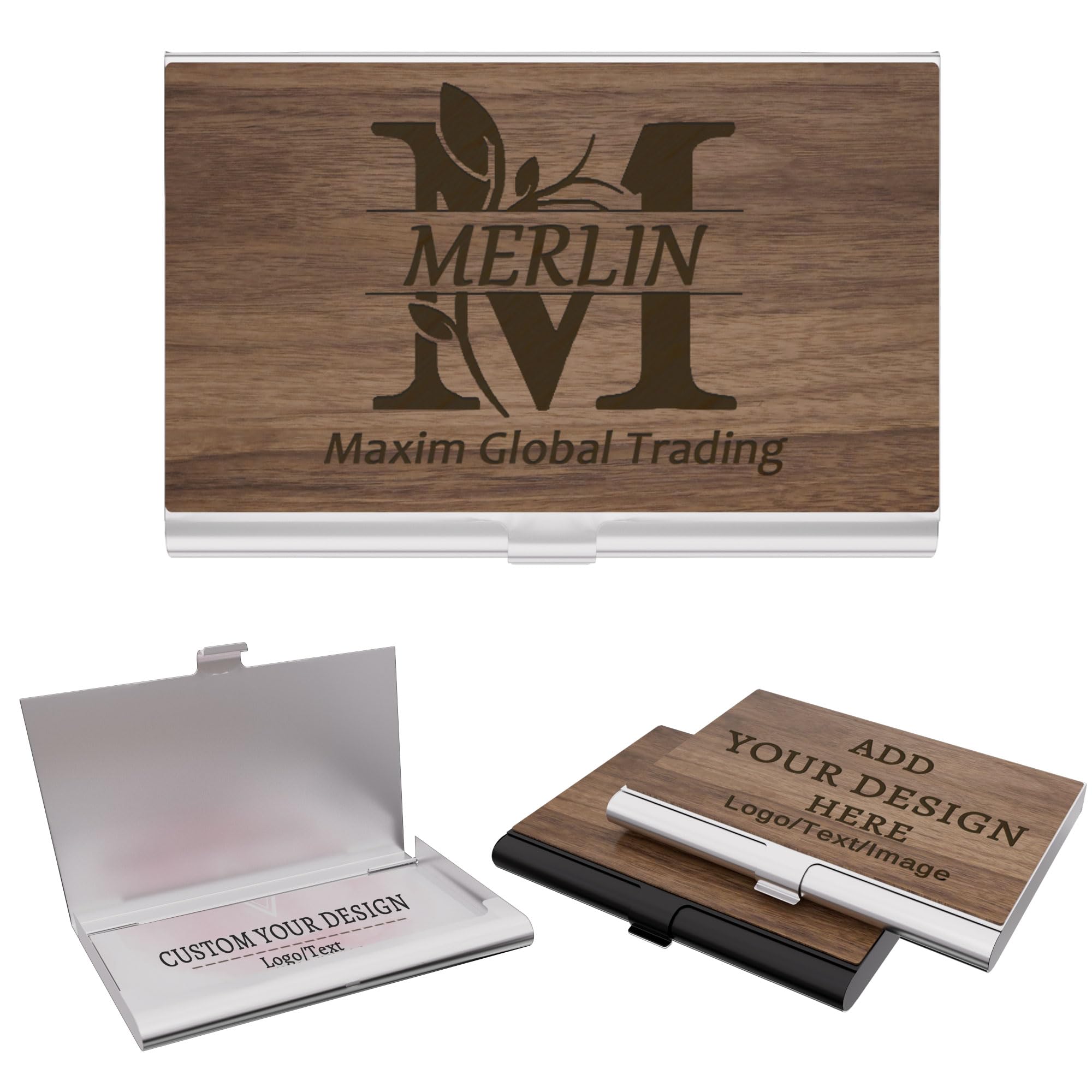 Personalized Business Card Holder - Customizable Laser Engraved Walnut Business Card Case with Logo/Text/Design, Executive Desk Organizer for Credit Cards, Gift for Women/Men (Silver)